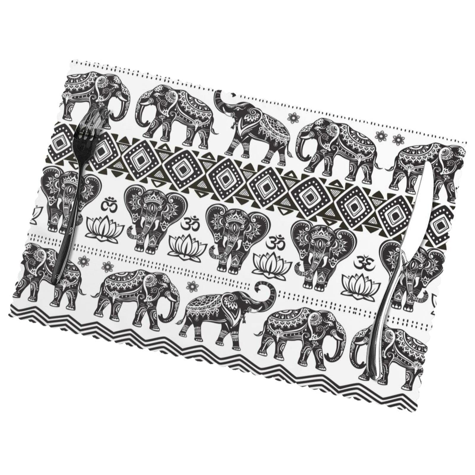 Bohemian Elephant Pattern Print Premium Oil And Heat Resistant Placemats For Dining Table Set (6-Pack) - 12x18in