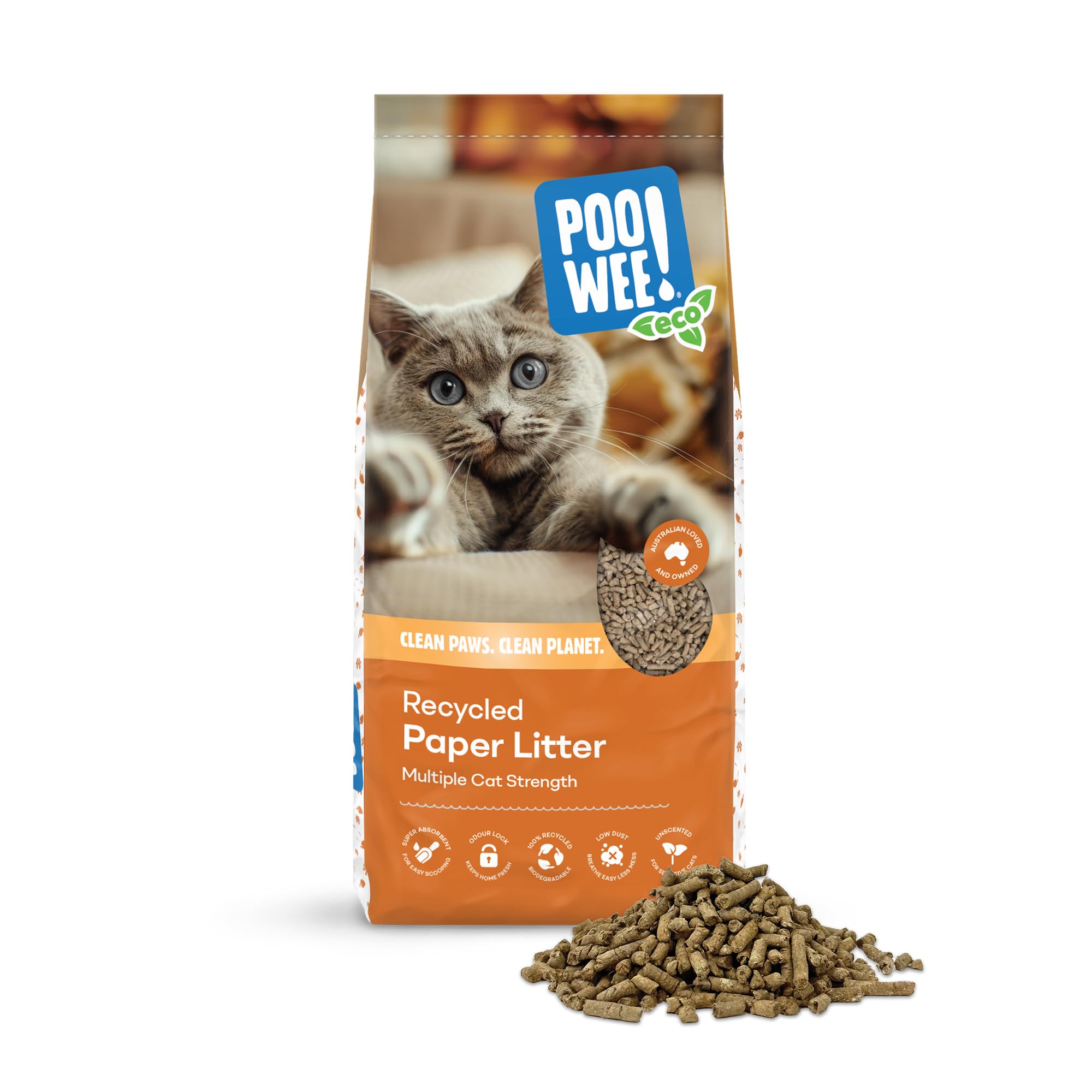 POOWEE! Recycled Paper Litter Cat & Kitten, 30LT, 100% Recycled, Ink Free Paper, Super Absorbent, Moisture & Odour Lock, Australian Owned, Unscented - 30LT - Recycled Paper