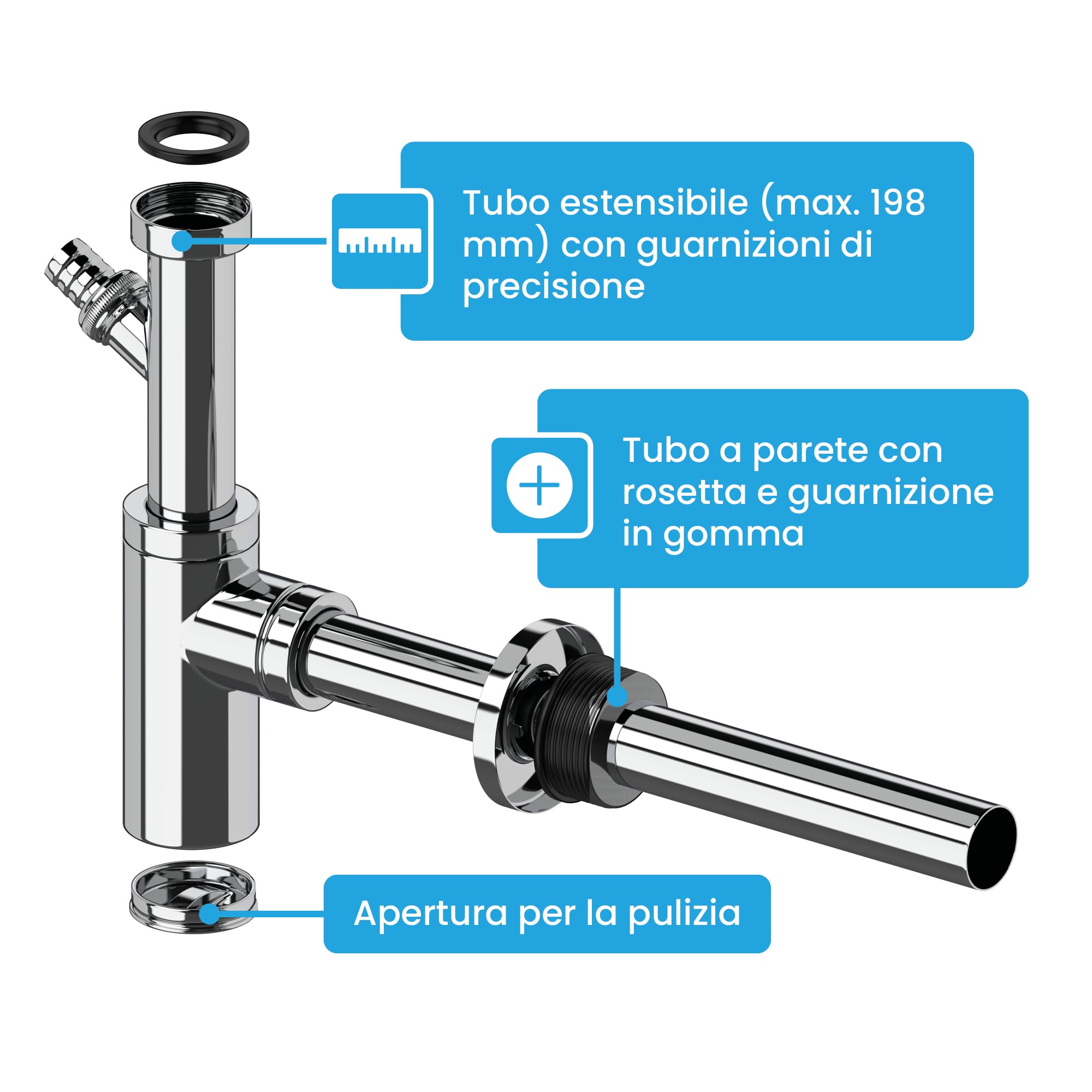 Bächlein Sifone Universale Per Lavabo Extra Lungo (200mm) - Antiodore Con Guarnizione In Gomma - Foto 10