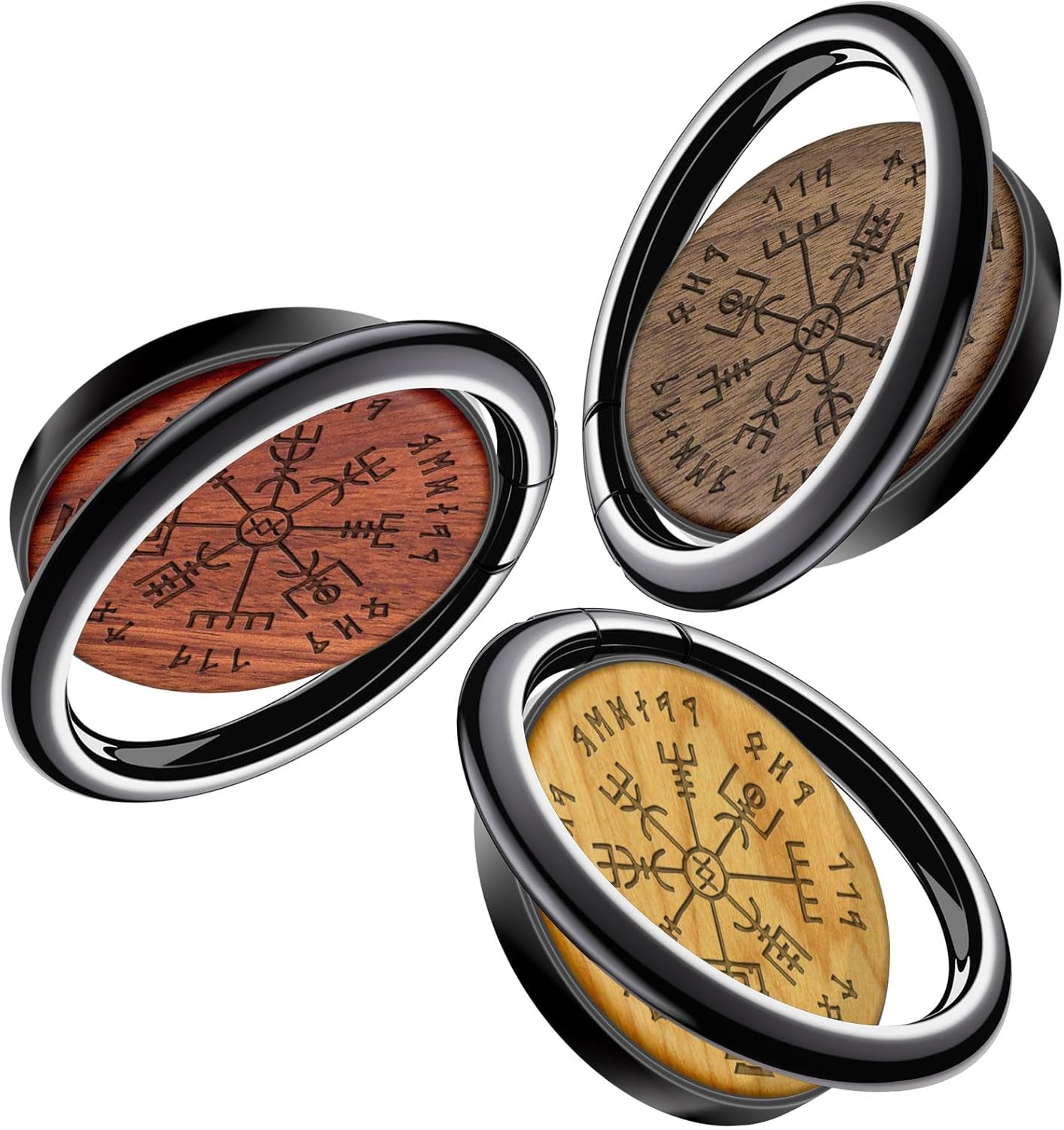 Carveit Wooden Cell Phone Ring Holder Finger Stand Metal Grip Hook Phone Kickstand Compatible with S24 Ultra S23 iPhone 16 Pro Max 13 14 15 Pixel 9-Redwood+Walnut+Cherry/Black/Viking [3 Pack]