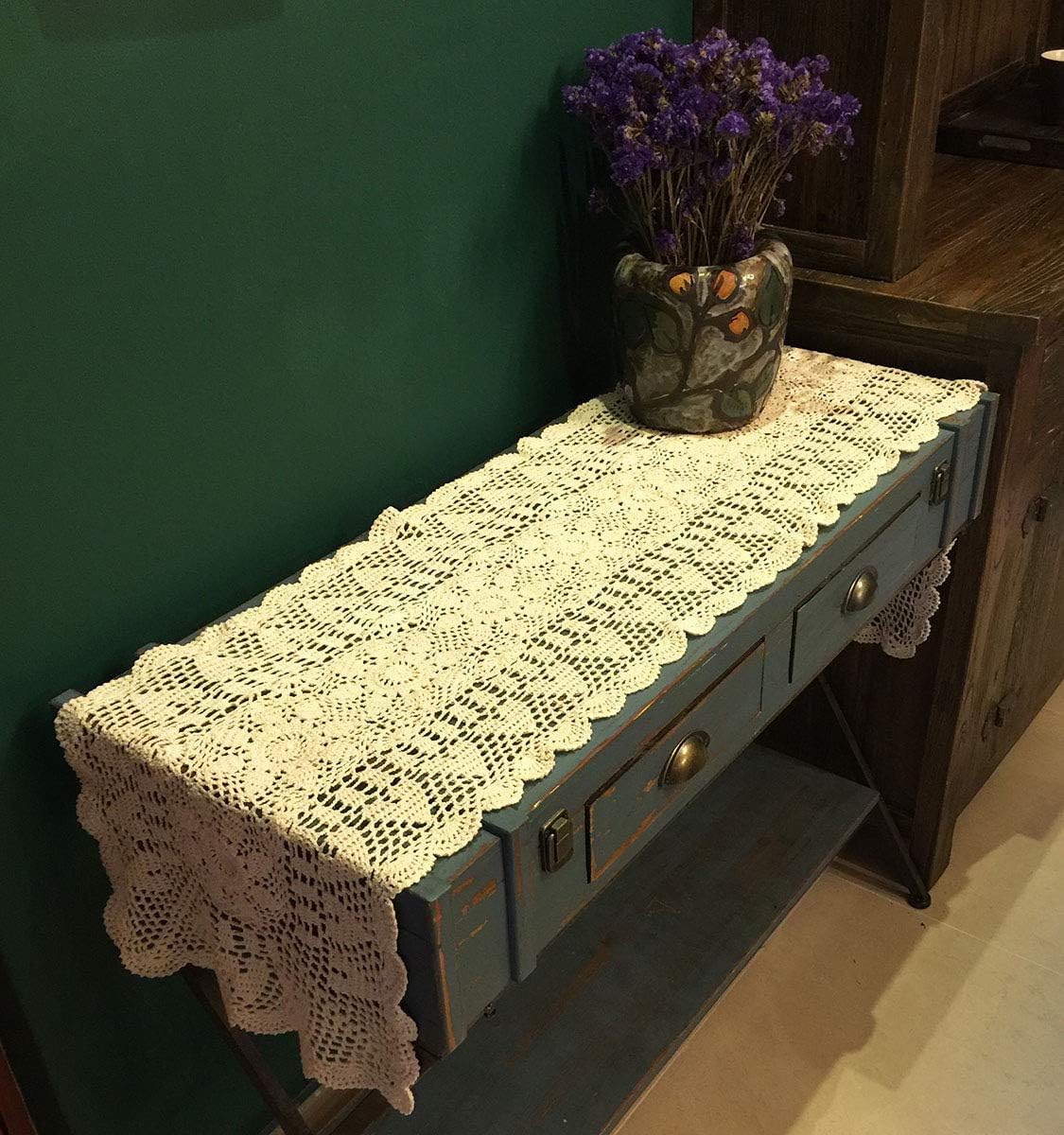 Beige Handmade Crochet Doilies Cotton Table Runner Lace Doilies Doily Rectangle Dresser Scarves for bedrooms,16 by 63 Inches.