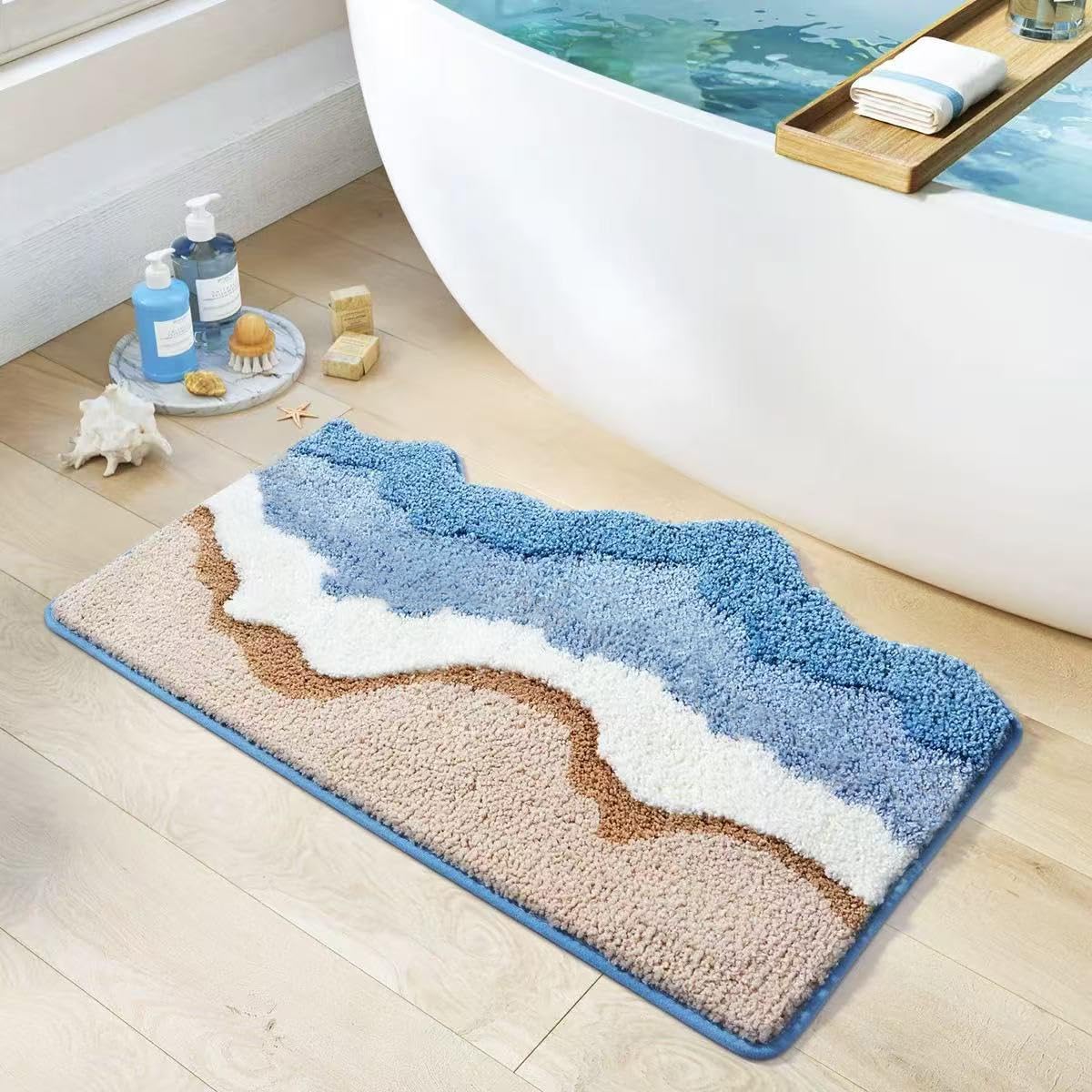 JGSF Blue Ocean Wave Bath Mat, Cute Coastal Beach Theme Decor,Non Slip Washable Bathroom Rugs Bath Mats for Bedroom Bathroom Hallway Home Decor Indoor