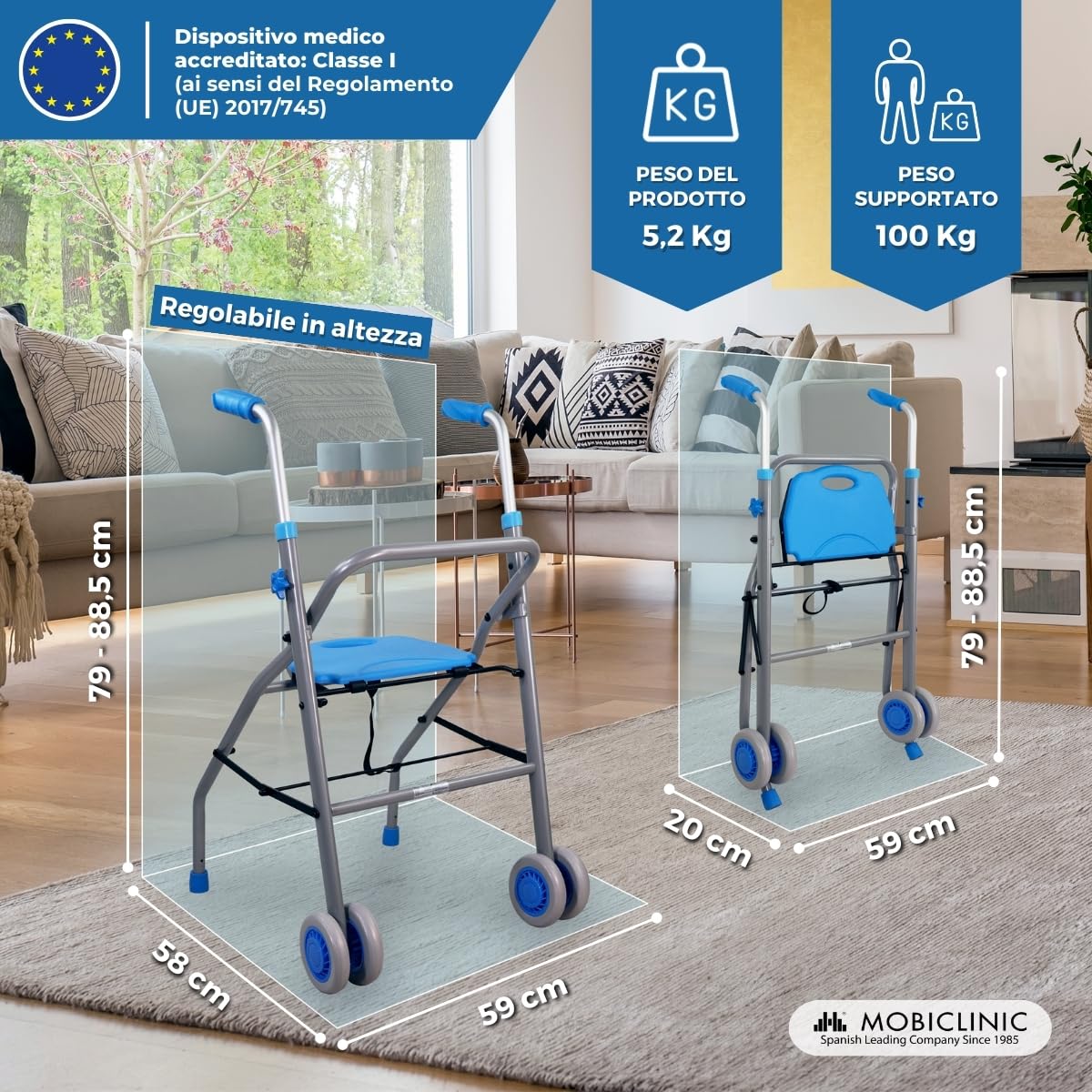 Mobiclinic®, Deambulatore pieghevole, Ultraleggero, Regolabile in altezza, Marchio europeo, Alluminio, Fino a 136 kg, Future, Adulti, Sedile, Schienale e ruote, Design elegante, Colore azzurro