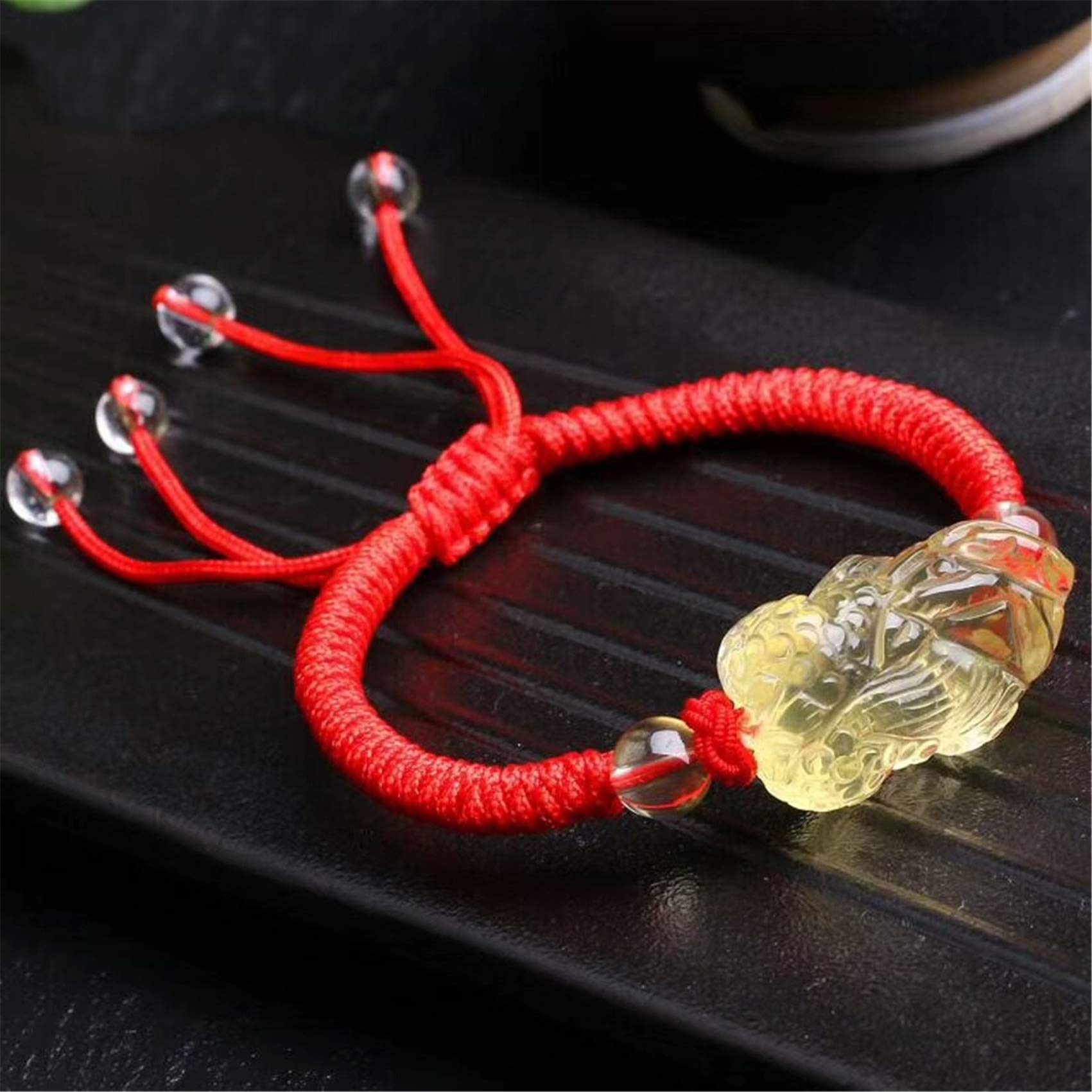 Pulsera Feng, Feng Shui Citrino Cristal Hilo Rojo Pi Yao Amuleto de la Suerte Pulsera Budista Hecha a Mano Ajustable Talismán para Riqueza Buena Suerte