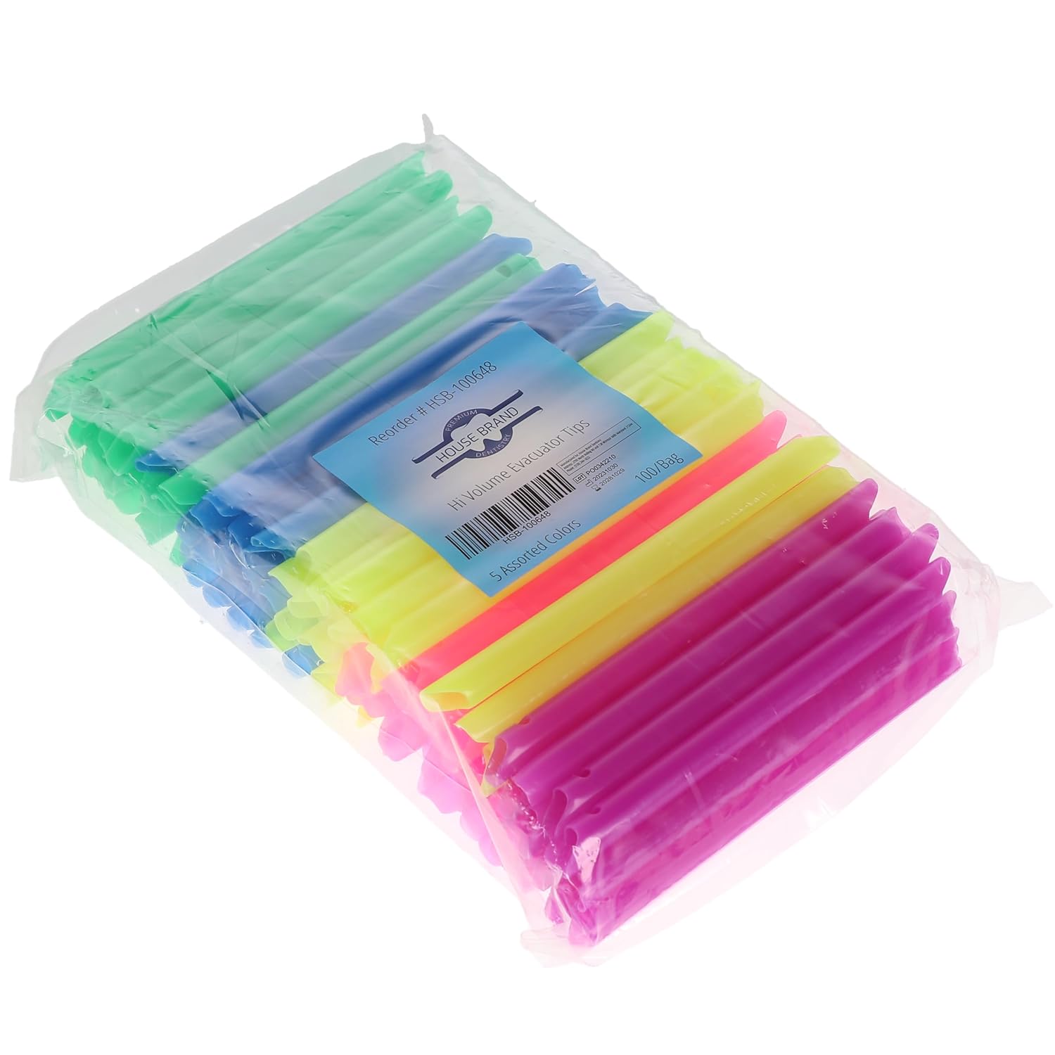 HSB 100648, High-Volume Evacuator Tips, Dual-Purpose, Smooth Edges, Fits All Standard Hoses, Disposable Suction Tips for Dental Procedures, HVE 5, Assorted Colors, 100/Pk