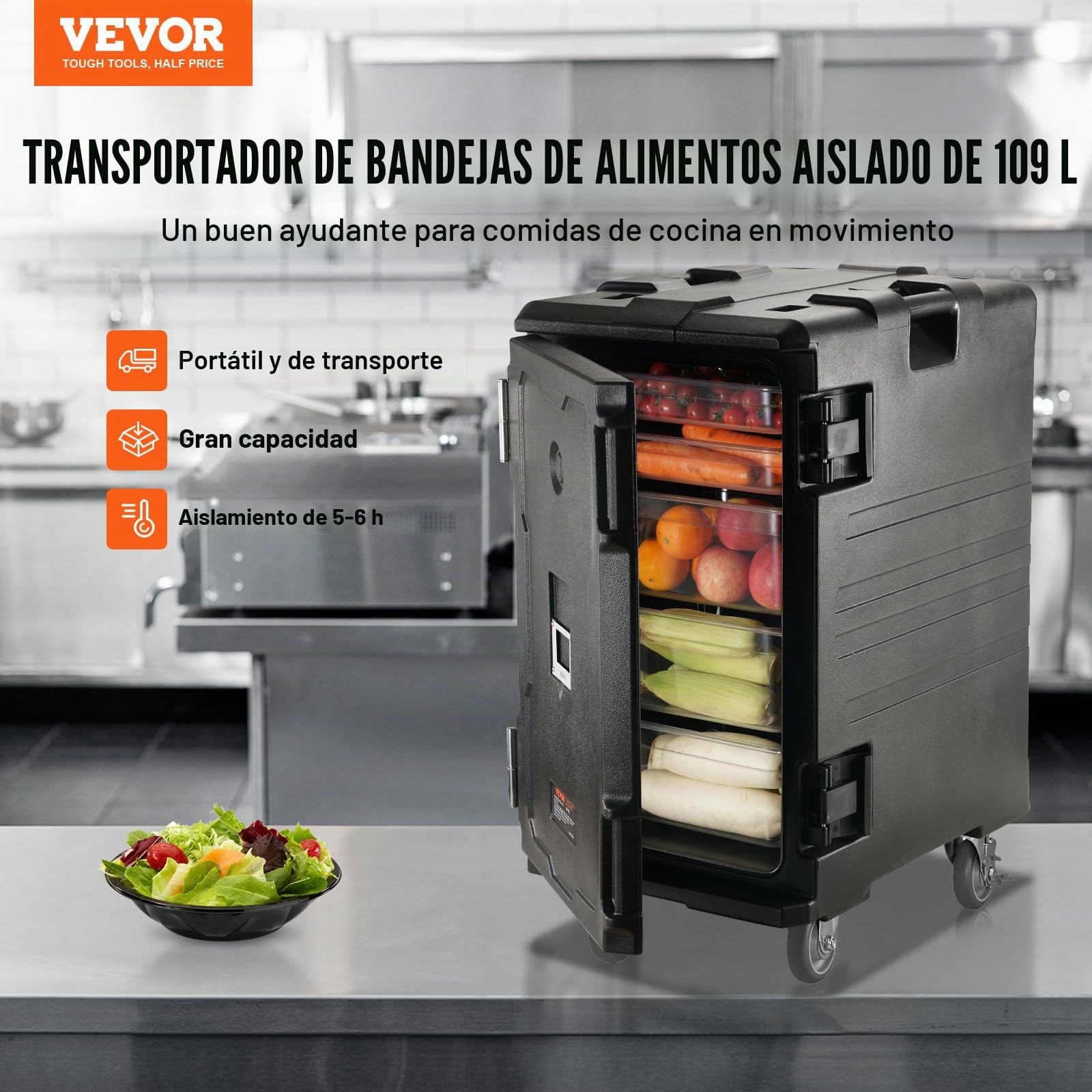 VEVOR Porta Bandejas para Alimentos con Aislamiento Caja Caliente de 120 L para Catering Porta Cajas de Alimentos con Hebillas Dobles Carga Frontal con Asas con Ruedas para Restaurante, Cantina