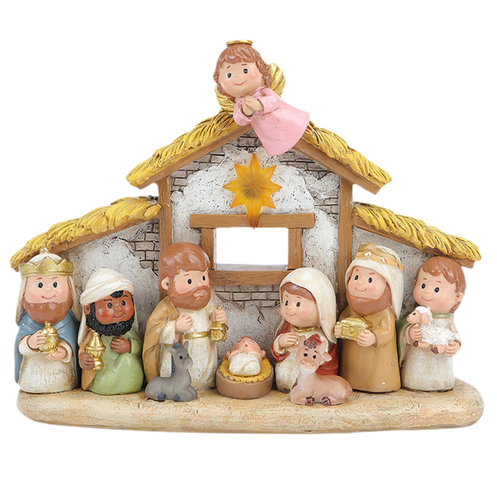 Sharplace Ensemble de crèche de Noël miniature en résine avec décoration lumineuse, sculpture de Noël, joli artisanat décoratif de table, 20,3 x 7,6 x 15,2 cm