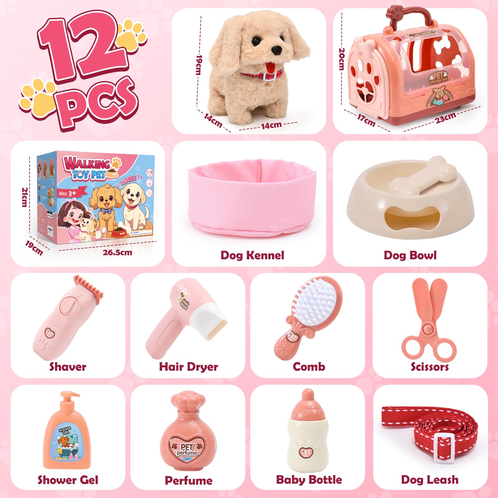 G.C Électrique Chien Jouet Enfant Peluche Chien Qui Marche Aboie et Secouer Queue avec Cage Laisse, Chien Interactif Jouet Toilettage Jeu de Rôle Cadeau Fille Jouet 3 4 5 6 Ans