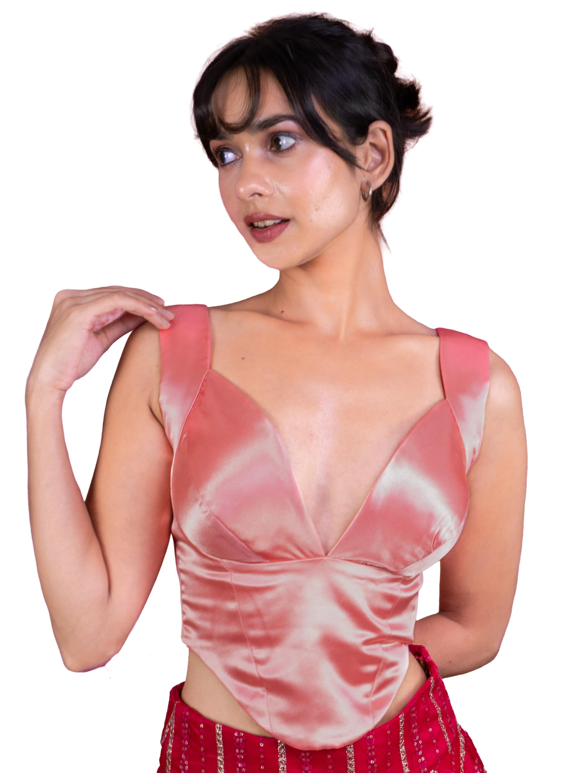 Women's Sweetheart Neck Satin Deep V Neck Readymade Corset Saree Blouse C1-image-23