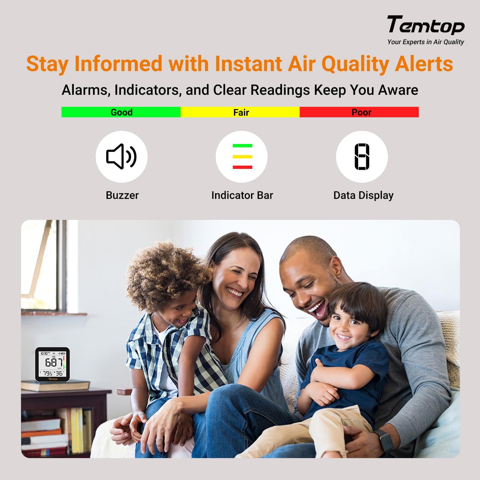 Temtop Misuratore di Qualità dell'Aria con Rilevamento CO2, Bluetooth, Monitoraggio in Tempo Reale, Termoigrometro per Interni C10 2ND