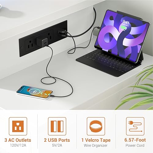 Miniatura 8 de Escritorio para computadora con 2 cajones de tela, escritorio reversible de oficina en casa con toma de corriente y luces LED, escritorio de 53