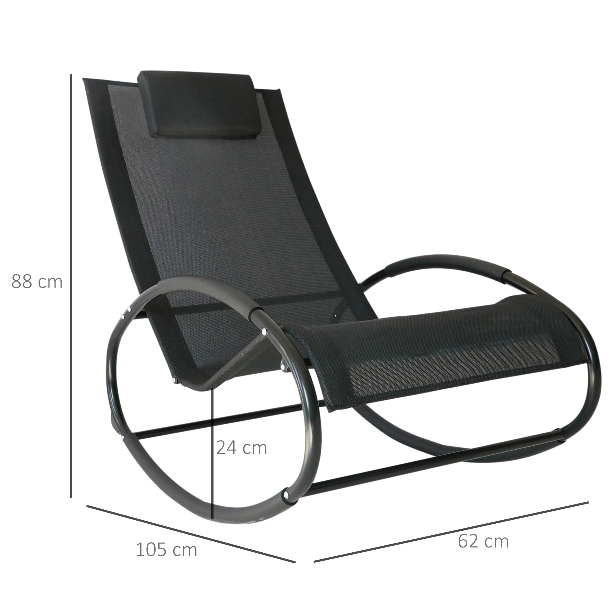 Outsunny Sdraio da Giardino Zero Gravity, Sedia a Dondolo Ergonomica con Cuscino e Tessuto Traspirante per Interno ed Esterno, Nera, 105x62x88 cm