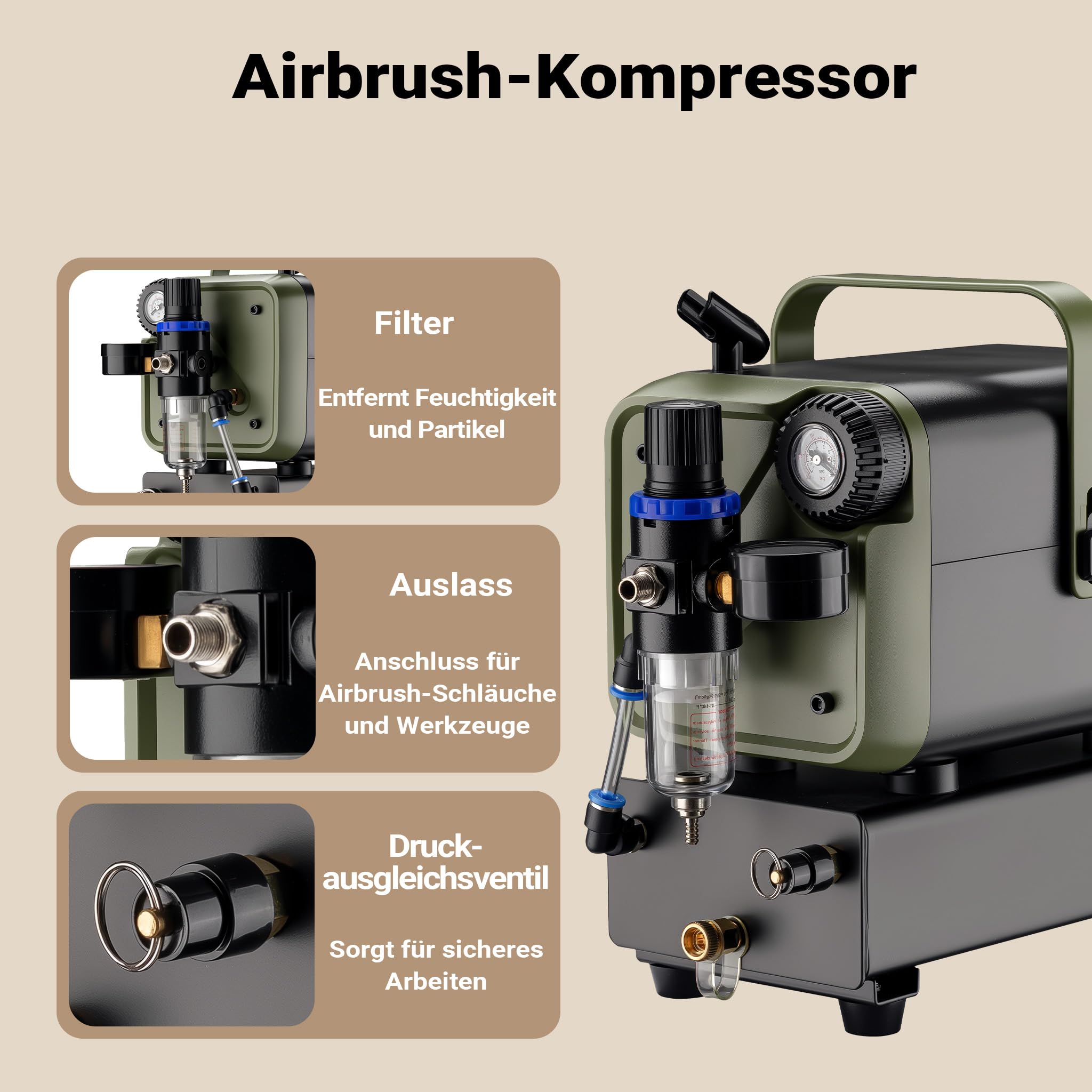 Wiltec Airbrush Kompressor HS-679F 1/6 PS, Druckluftkompressor 28 l/min Luftzufuhr, Kompressor für Airbrush-Pistole mit Halterung, Luftkompressor mit Druckmesser für Airbrush-Design