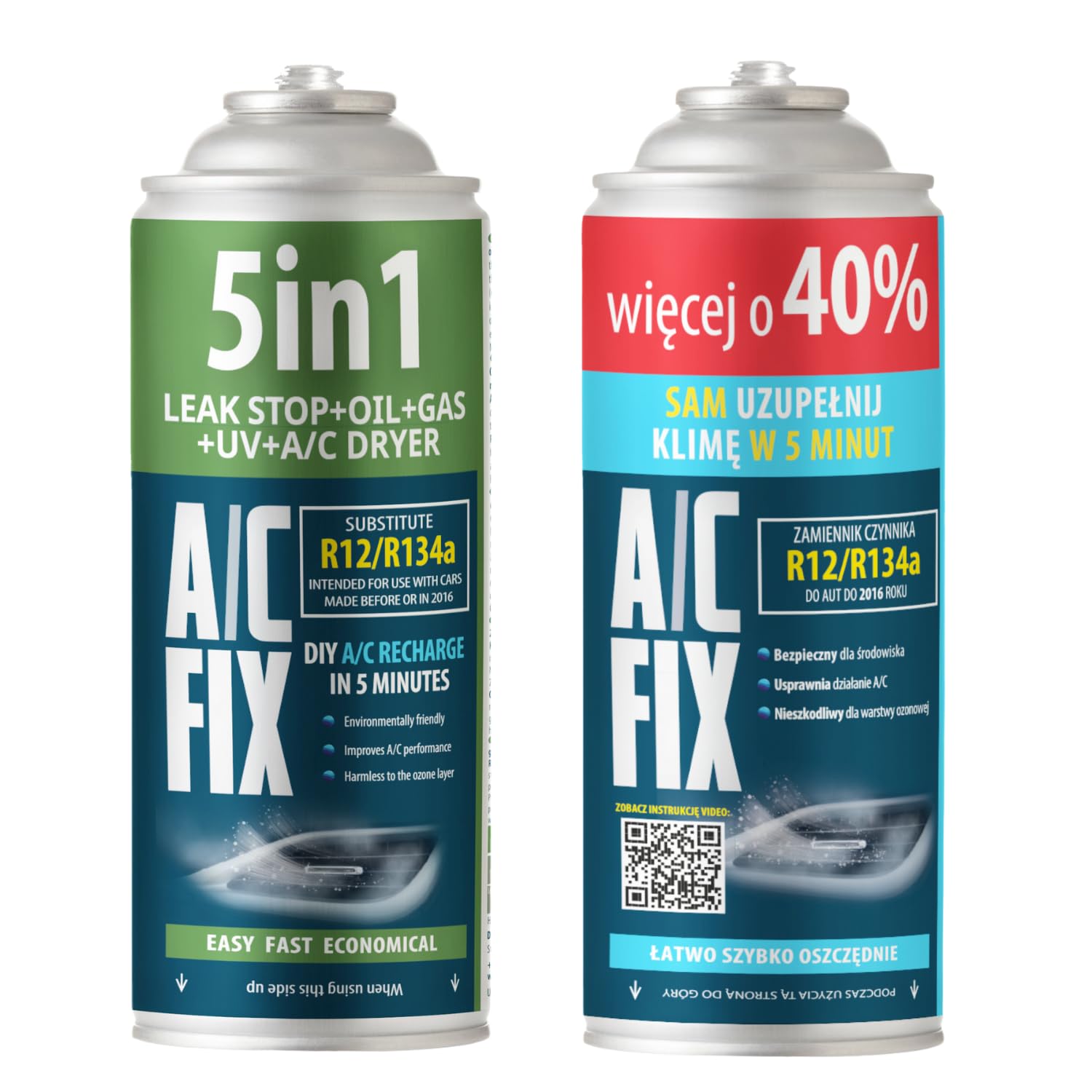 AC FIX 5 en 1 – R134a + R134a XL 470 g Refrigerante para aire acondicionado de coche con aceite, sellador, tinte UV y desecante. Aplicación rápida. Protege el compresor. - 1