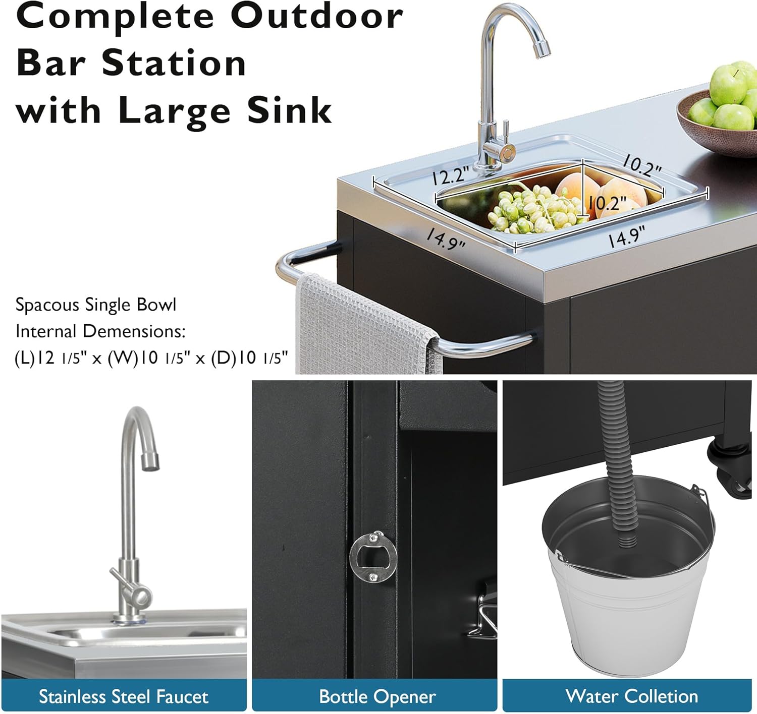 Outdoor Kitchen Island, 55.5" Metal Grill Cart Table with 304 Stainless Steel Sink, Adjustable Shelf, Towel Rack, Paper Rack, Door Storage Shelf, Bar Cart Sink Station with 4 Lockable Wheels