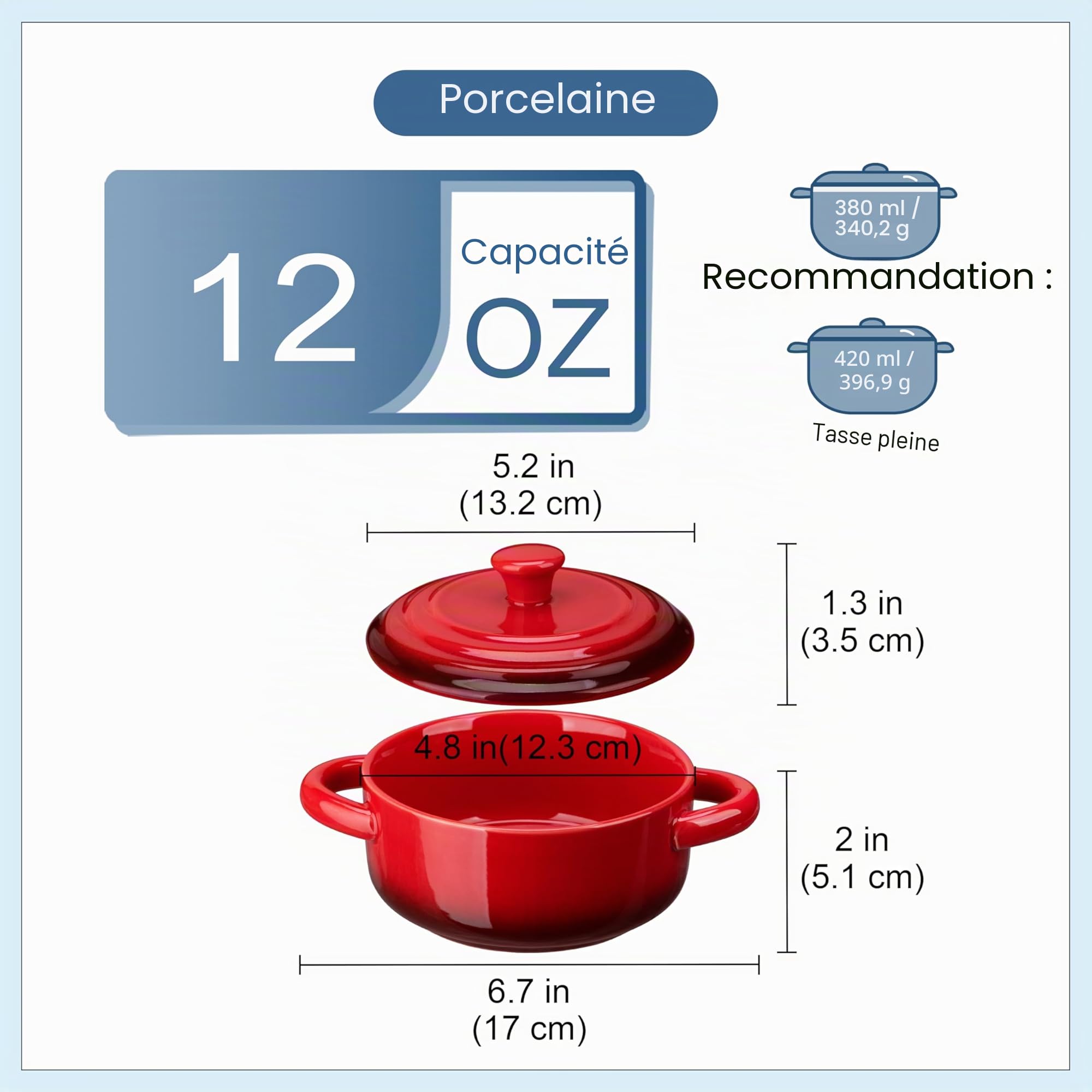 LOVECASA Mini Cocotte Individuelle en Grès pour four avec Couvercle - 4 X 380 ml Petite Cocottes Ronde Ramequin Crème Brûlée pour la Cuisson - Passe au Lave-vaisselle - Rouge Dégradé (Ø12.3 x H5.1 cm)