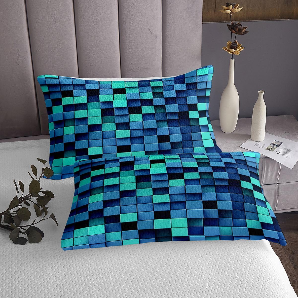 3D Geometric Block Quilt Sets Twin Size,Blue Pixelated Games Bedspread Coverlet 2Pcs for Kids Girls Boys Room Decor,Miners Video Games Quilts Set Modern Gamepad Bedding Comforter,1 Pillowcase