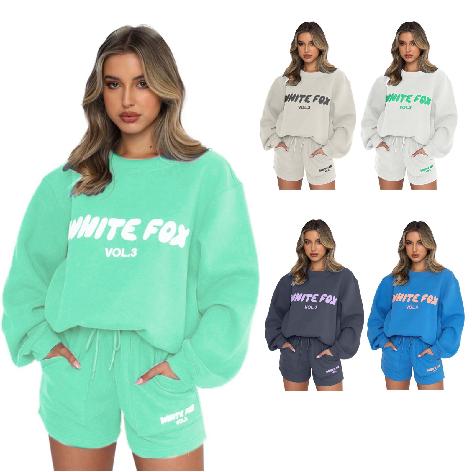 GenericWomens White Fox Tracksuit Oversized Two Piece Full Set Tracksuit Long Sleeve Pullover and Loose Short Sweatpants Ladies Gym Activewear Y2k Jogger Track Suits Womens Clothes Spring Summer
