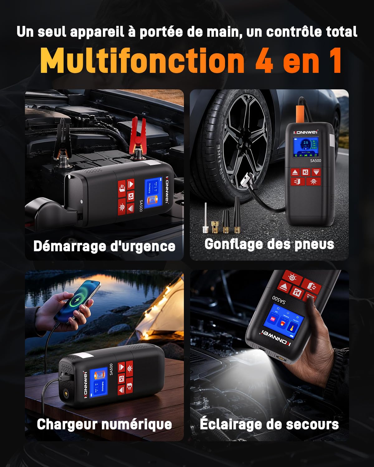 KONNWEI SA500 Booster Batterie Voiture avec Gonfleur, 4-en-1 Démarreur Batterie Voiture, Gonfleur Pneus Voiture 150 PSI avec Compresseur à Air Portatif, pour Essence 8L et Diesel 6L, LED SOS
