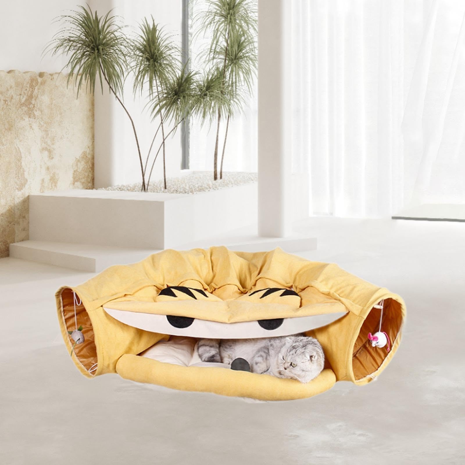 Tunnel pour Chat Tunnel pour Animal Lit pour Chat Tapis avec Jouet Flanelle Antidérapant Convient Aux Chats D'Intérieur Repos Cachette, Jaune