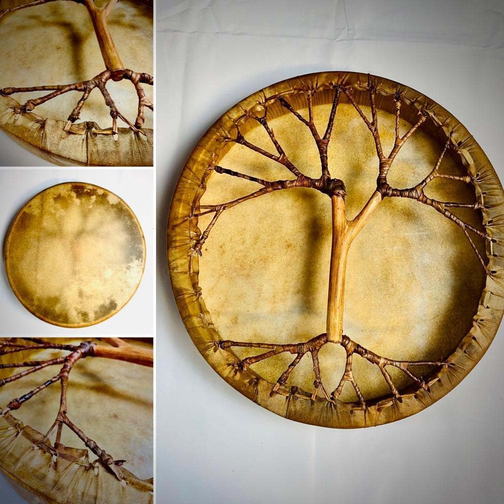 Handmade Shaman drum Frame Drum round 16" 18" 20" with goat skin Tree style on the back and handle Embrace Nature's Rhythms Authentic Native American Style Soul-Stirring Beats (16 inch)