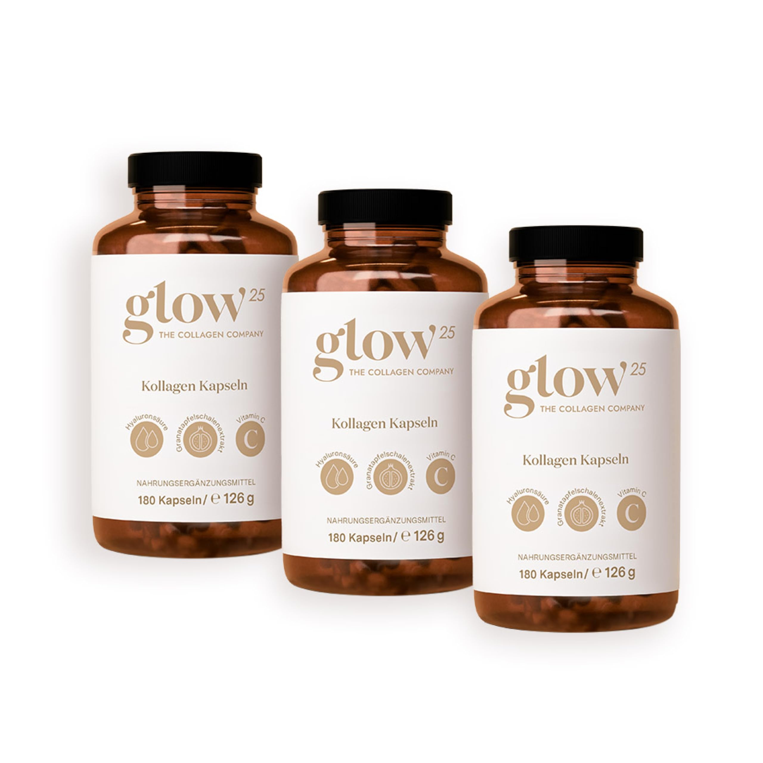 Glow25® Kollagen Kapseln hochdosiert [180 Kapseln x 3] mit Hyaluronsäure und Vitamin C | Premium Collagen Complex für eine schöne Haut | Ohne Zusatzstoffe | Laborgeprüft | Made in Germany