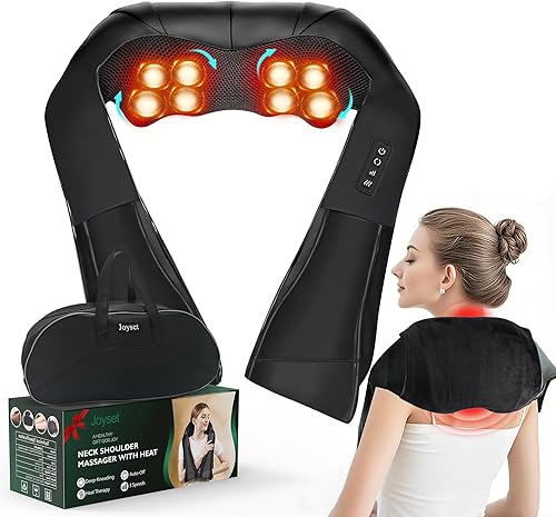 Joyset Shiatsu Masajeador de cuello y espalda con calor, masajeador de hombros para aliviar el dolor de tejido profundo, masaje de amasamiento 3D