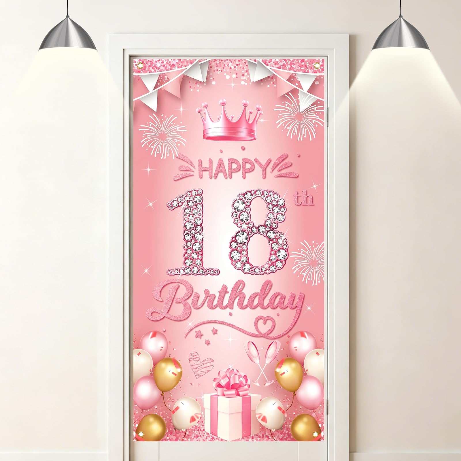 Birthday Door Banner, Pink Gold Birthday Door Porch Decoration, Birthday Party Background Decorations Sign Poster Photo Background Large Size (180 x 90 cm) (Pink-18th)