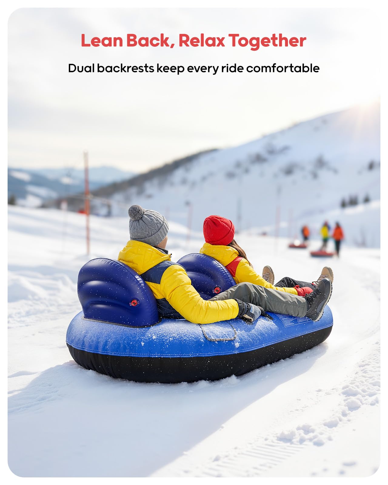 Neumático de nieve inflable para niños y adultos con dos respaldos y cuerda de tracción, asas, válvulas de soplado rápido (azul)