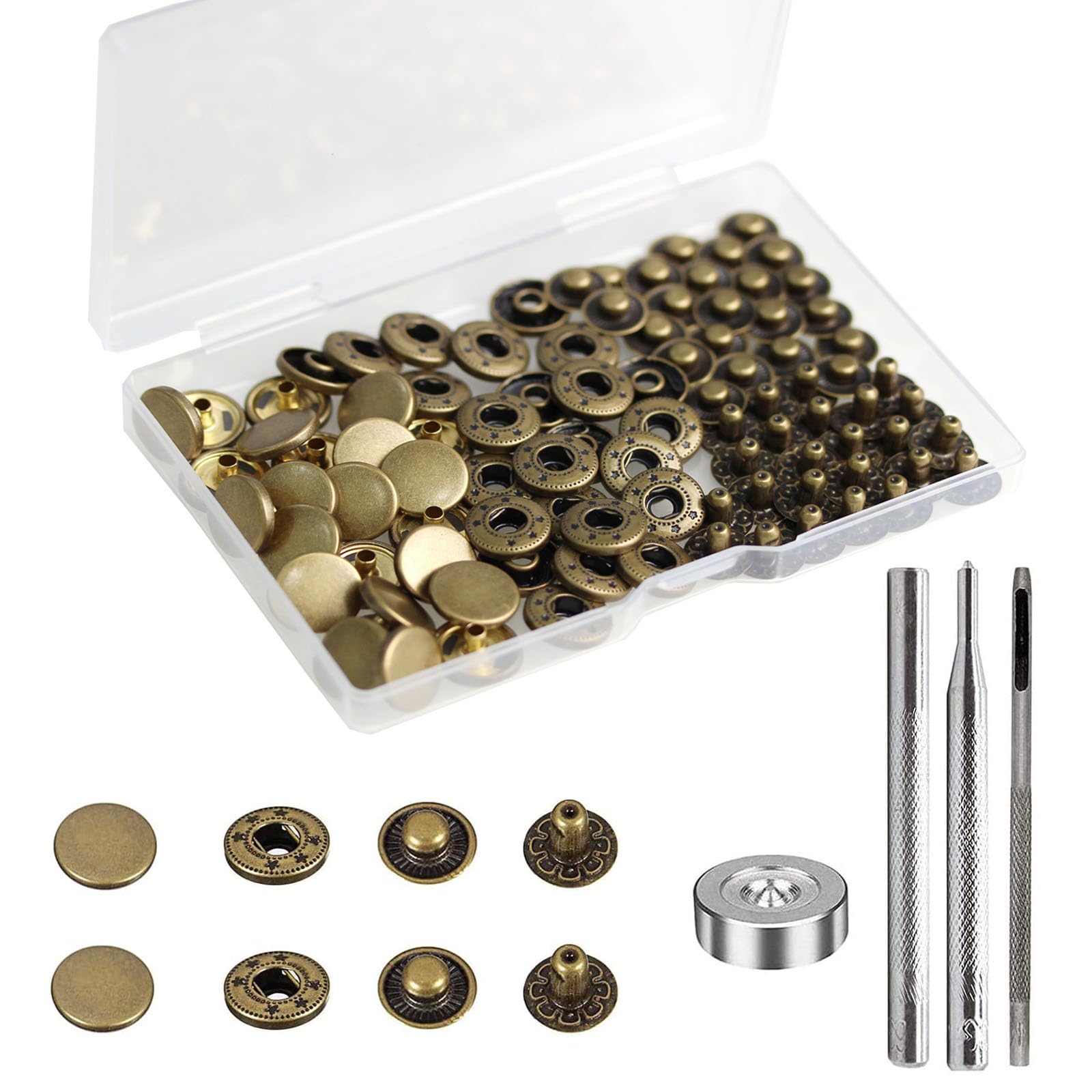 BetterJonny 24 Sets Heavy Duty Leather Snap Fasteners Kit, 12.5mm Metal Snap Buttons Press Studs Leather Rivets Snaps with 4 Setter Tools for Clothes Bracelet Jackets Jeans Antique Brass
