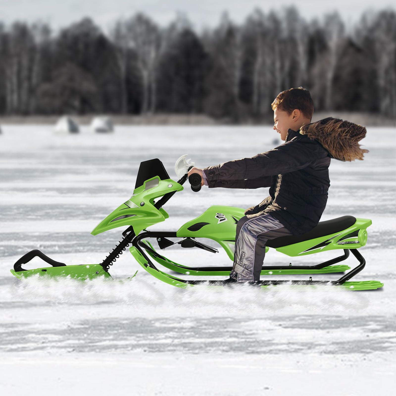 Trineo con 2 frenos de pie, trineo de dirección para niños, cojín ajustable (3 velocidades), cuerda de tracción automática (longitud: 80 cm), capacidad de carga de 80 kg para niños a partir de 3 años