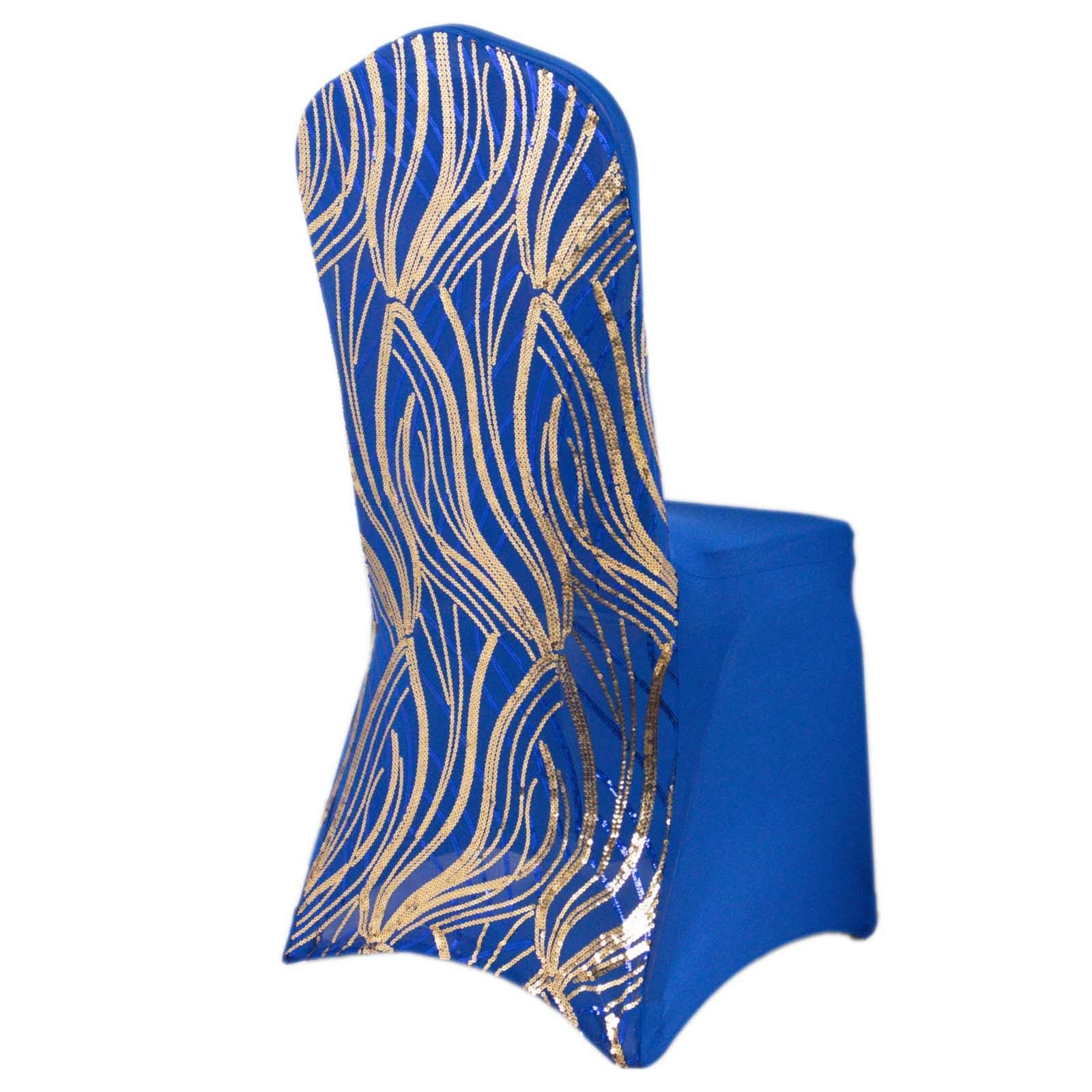 Efavormart 1 Set Royal Blue Gold Spandex Stretch Banquet Chair Covers for Party Dining Wedding W/Wave Embroidered Sequins W/Foot Pockets Washable Slipcovers for Outdoor Events