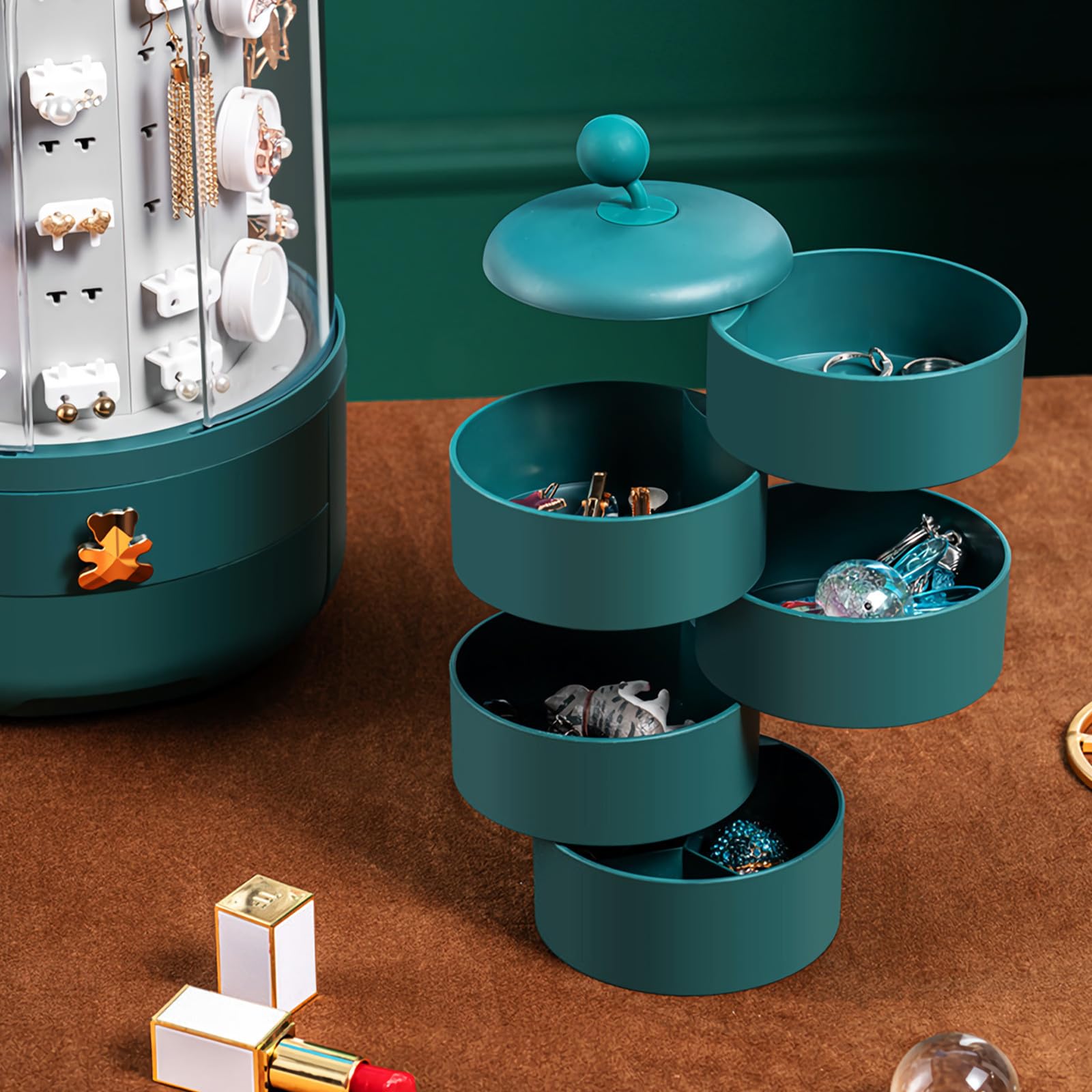 Caja de Anillos Contenedor de Joyas Joyero Giratorio Verde de ABS, Gran Capacidad, Organizador de Cosméticos para Tocador