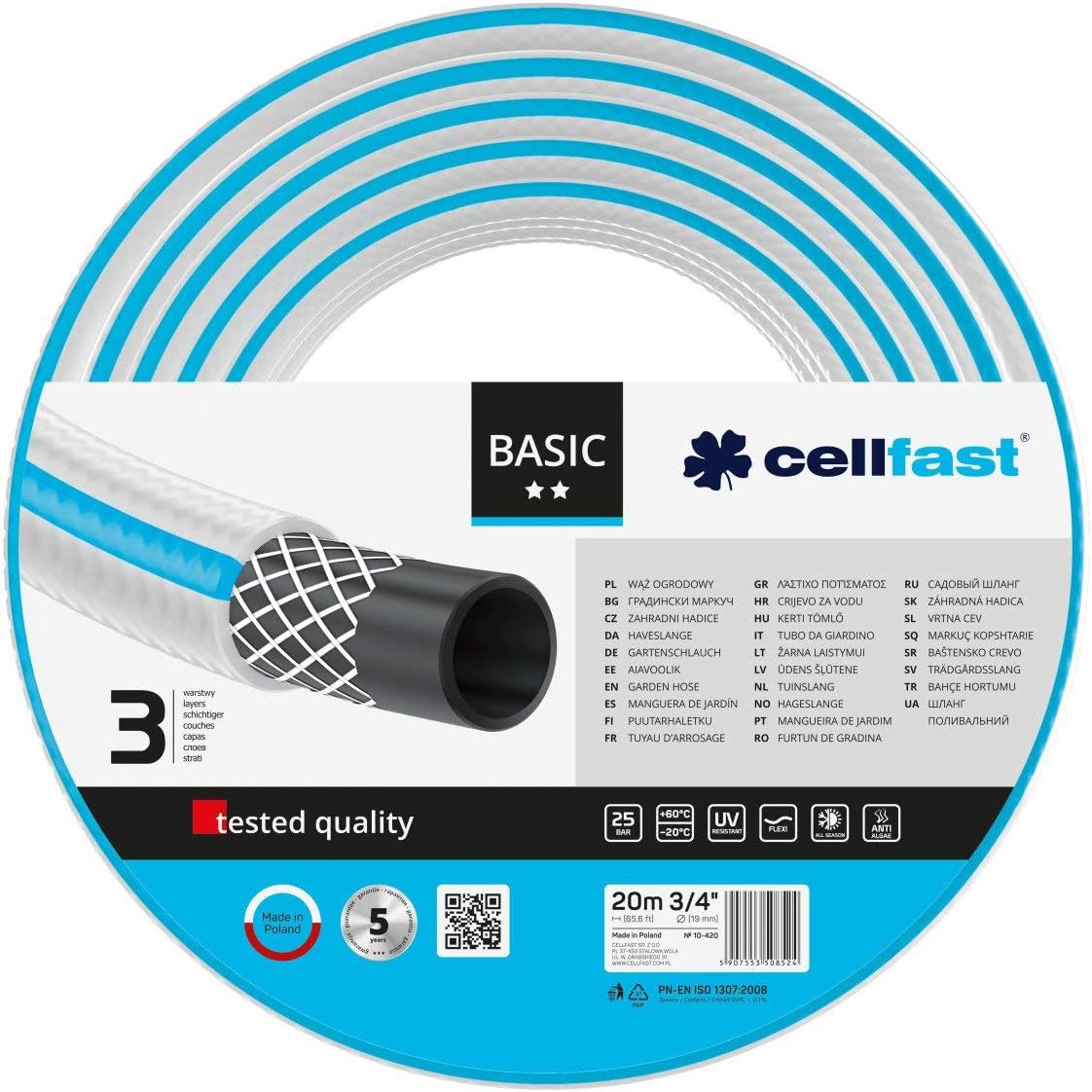 CellfastBasic Garden Hose 3-Ply Hose with Permanent Reinforcement Made of Yarn with Polyester Cross Fabric, Pressure and UV Resistant 25 Bar Burst Pressure, 10-420, Grey/Blue, 20 m