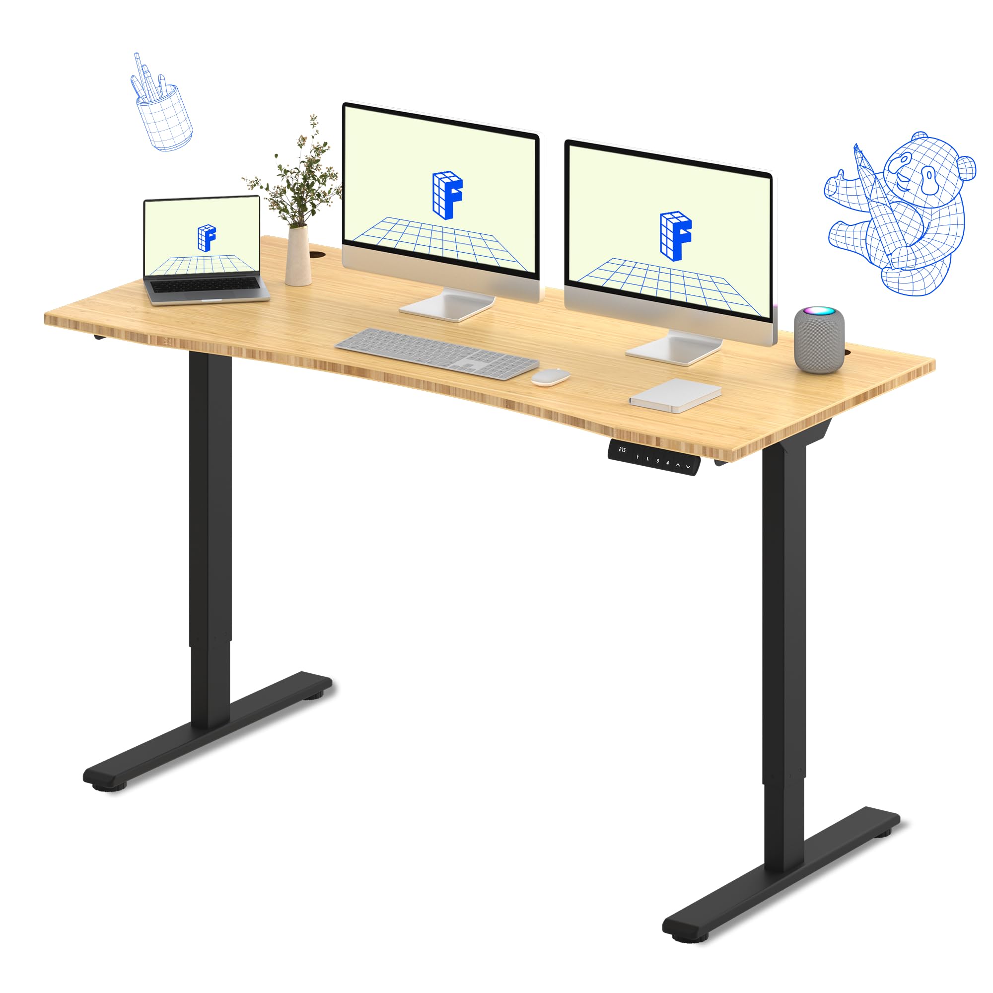 FLEXISPOT E3 Bamboo Dual Motor 72x30 Inch Electric Height Adjustable Standing Desk Whole-Piece Board Desk Sit Stand Up Desk (Black Frame + Bamboo Curved Desktop)