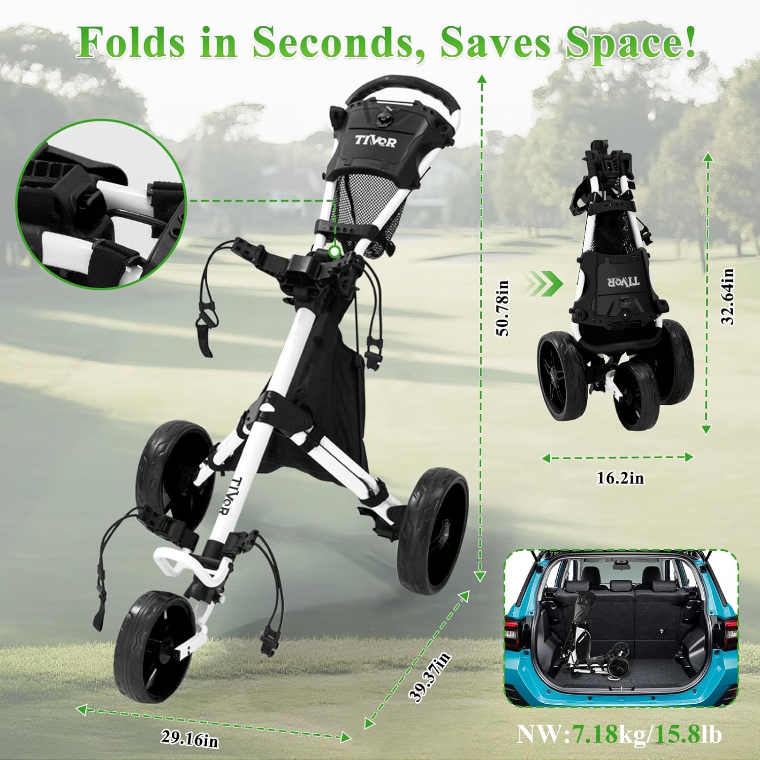Tivor 3 Wheel Golf Push Cart, Lightweight Push Cart Golf One-Click Folding, Adjustable Height Pushcart for Golf Bags, Compact Design for Ladies, Junior Golfers