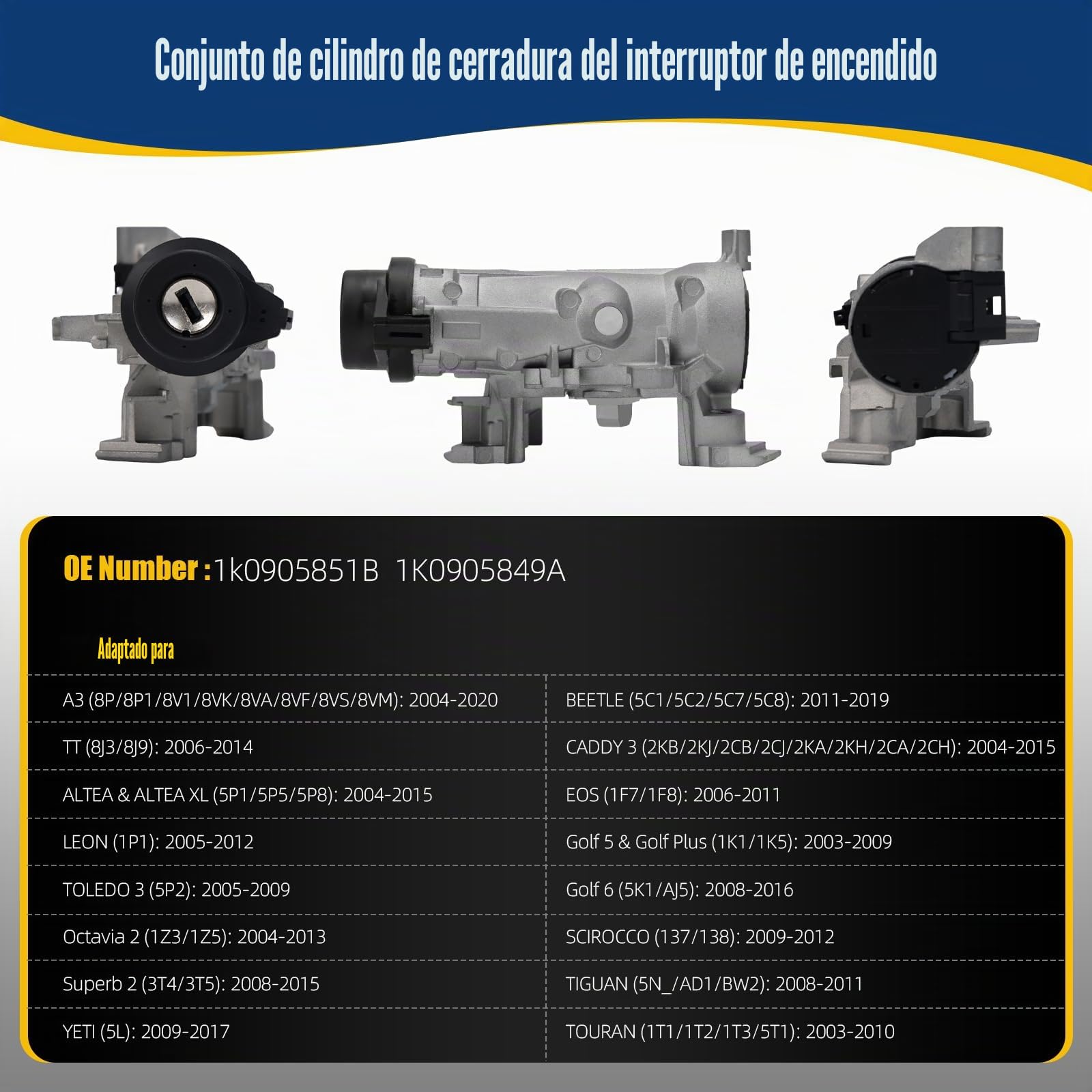 1K0905851B Neiman Interruptor encendido para Golf 5 6 A3 TT Seat Alte Leon | con 2 mandos a distancia Attuatore Serratura Cerradura Encendido1K0905865