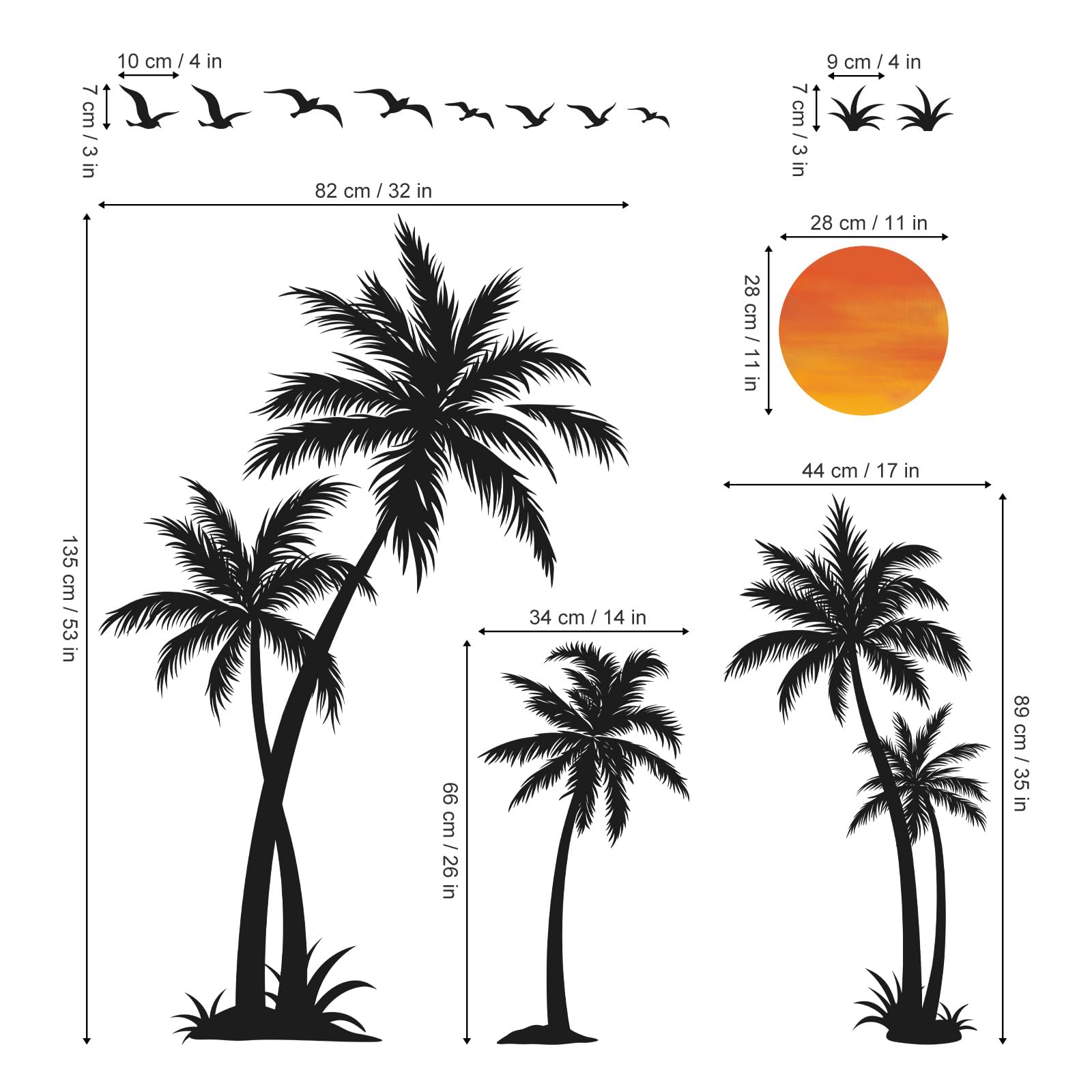 wondever Pegatinas de Pared Palmeras Negro Árbol Grandes Adhesivos Pared Decorativos Árbol Plantas Tropical Aves Vinilos Pared para Salón Dormitorio Habitación Infantiles (H: 135cm)