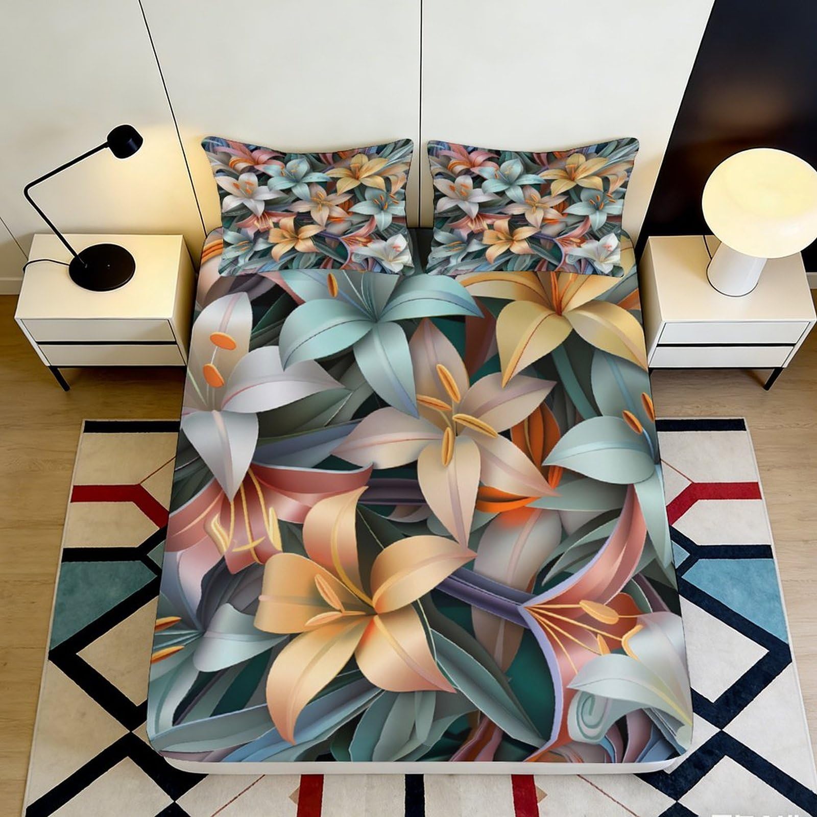 3D Printed Abstract Floral Fitted Sheet Microfiber Soft Breathable Modern Botanical Mattress Cover for Bedroom Guest Room Decor 120x200x25cm
