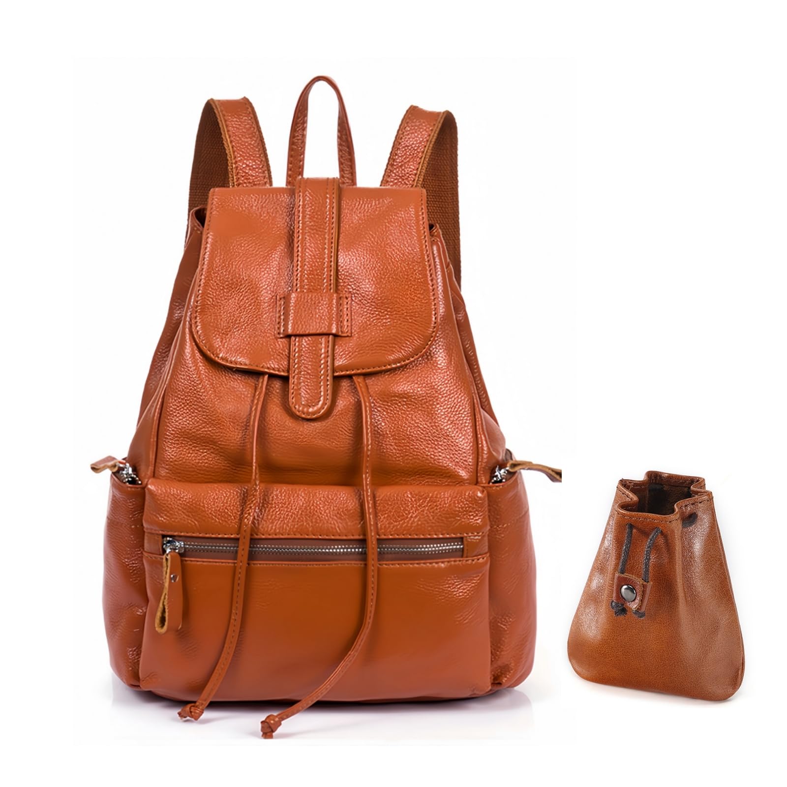 Leder Rucksack mit Kordelzug Magnetverschluss inkl. passender Münzbeutel Klassisches Design für Business Reise & Alltag Cityrucksack Echtleder bg521 (Cognac Genarbtes Leder)