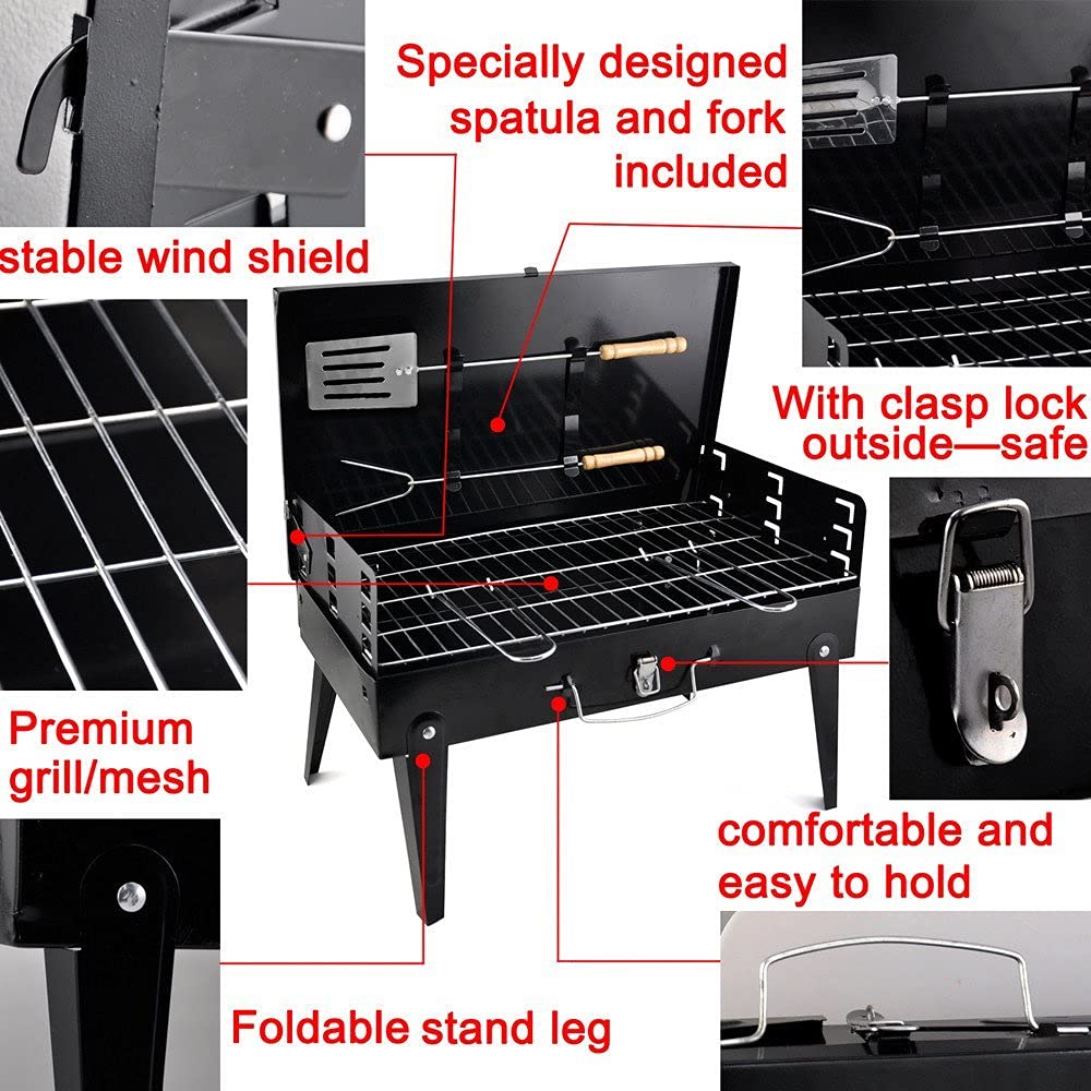 Inditradition Combo Pack Briefcase Charcoal Barbeque Grill With 12 Skewers, Fork, Tong, Oil Brush & Spatula (Metal, Black), Free Standing 3