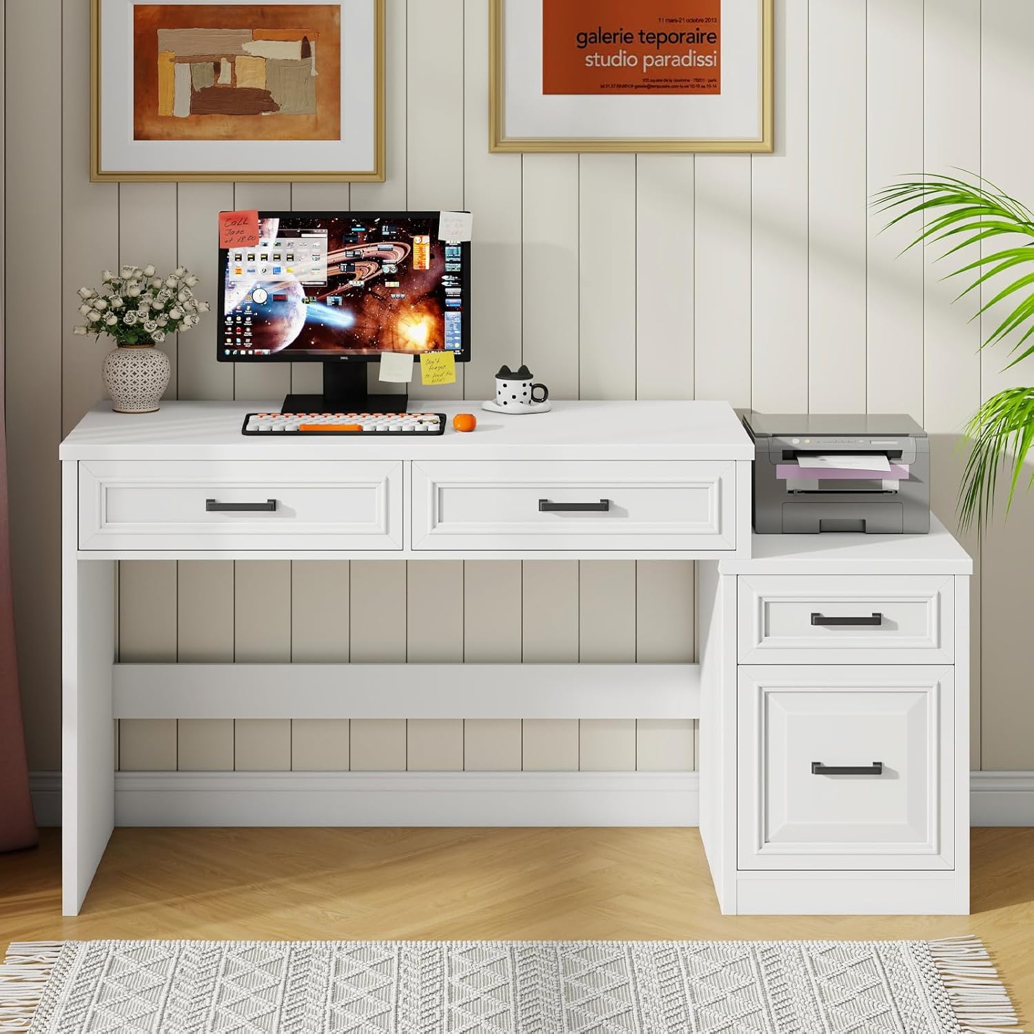 Halitaa 61" Farmhouse Computer Desk with Storage and File Drawer, Executive Desks with Printer Stand, Rustic Large Home Writing Desk for Home Office.Unique White