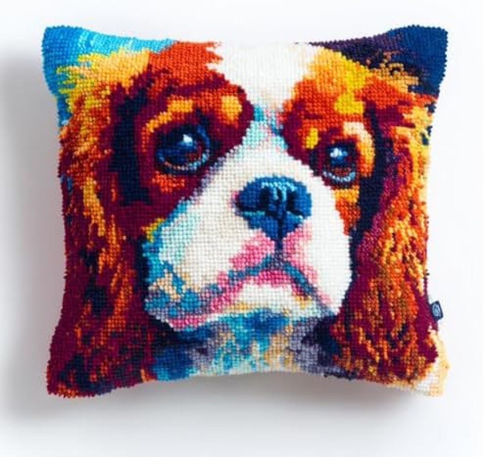 kitphoenix Adults DIY Cushion Cover Craft Kit,Cavalier King Charles Dog Cute Portrait,Latch Hook Embroidery Set with Pre-Printed Canvas,Pre-Cut Yarn and Hook,43x43 cm Pillow Cover