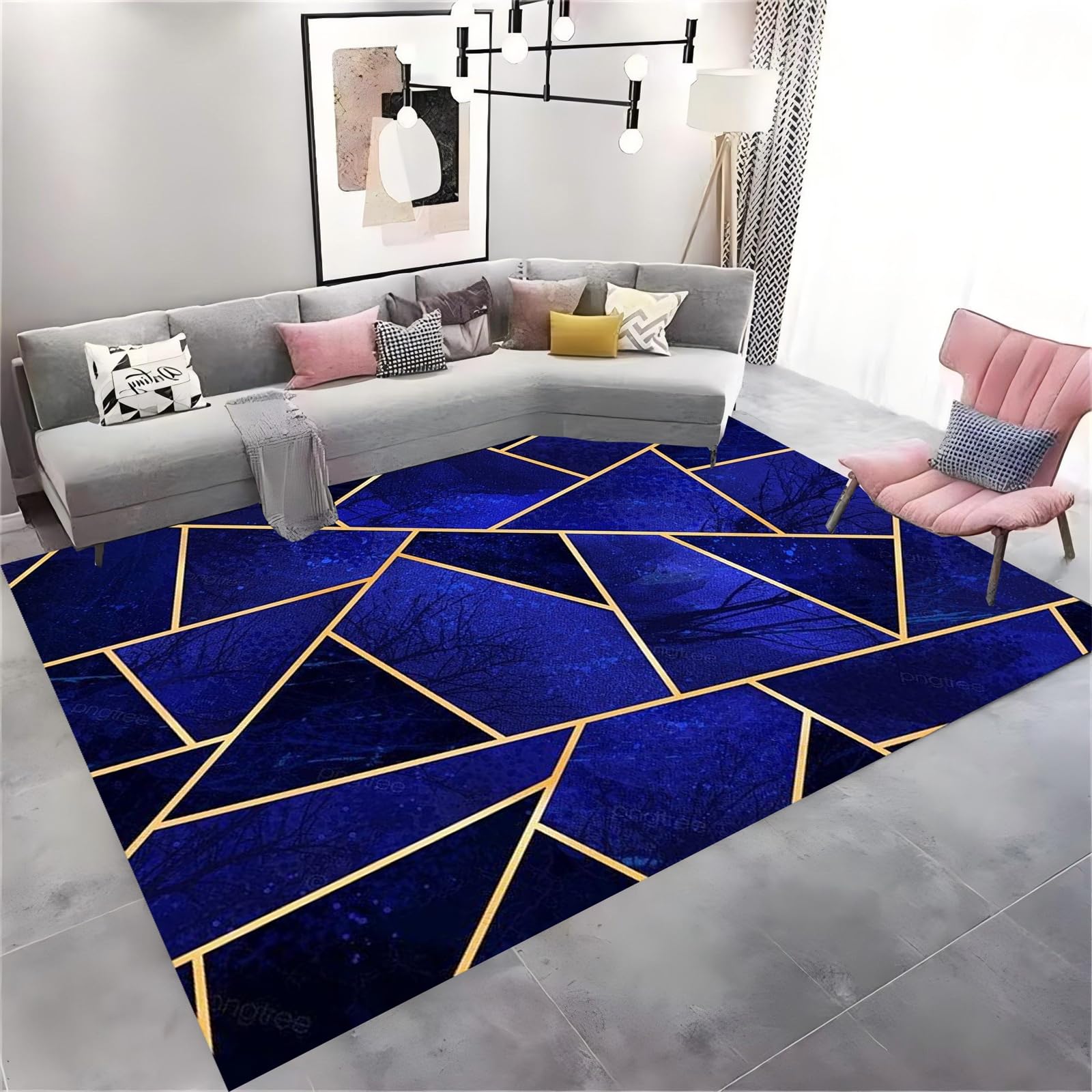 HONGXIU Blue Geometry Area Rugs for Living Room 180x260cm Modern Abstract Art Gold Line Floor Mat Carpet Rug With Durable Anti-Slip Backing for Easy Cleanfor Bedroom Dinning Room Home Decorative