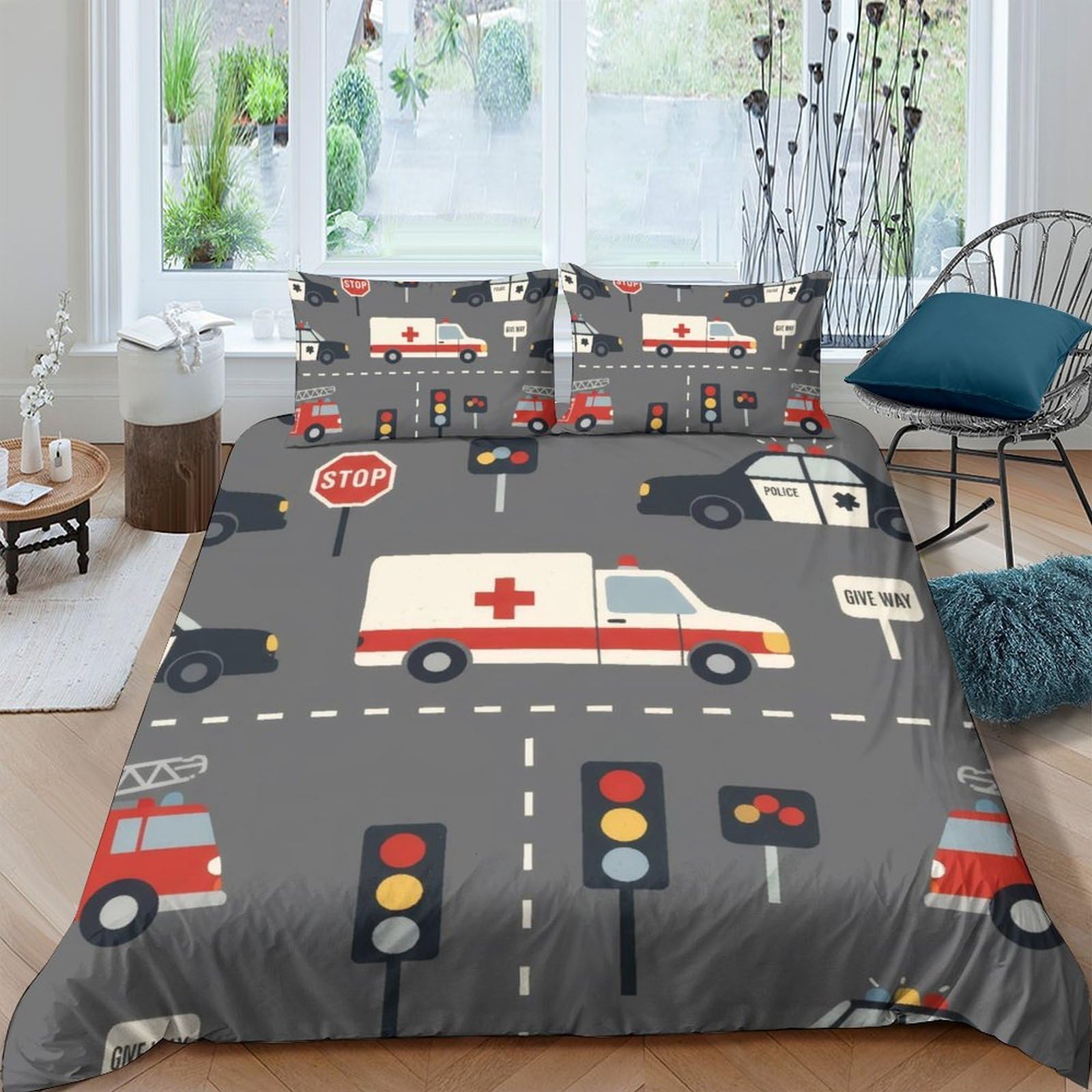 Ctjqhvkz Style-7 3D Printed Ambulance Road Fitted Sheet Microfiber Grey Cartoon Traffic Bed Cover For Bedroom Guest Room Decor Single（135X200cm）