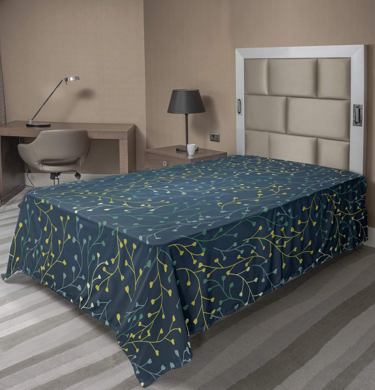 Ambesonne Leaves Flat Sheet, Heart Shaped Little Buds Flowering Branches Curly Spring Nature Inspired, Soft Comfortable Top Sheet Decorative Bedding 1 Piece, TwinXL Size, Dark Blue Green Yellow