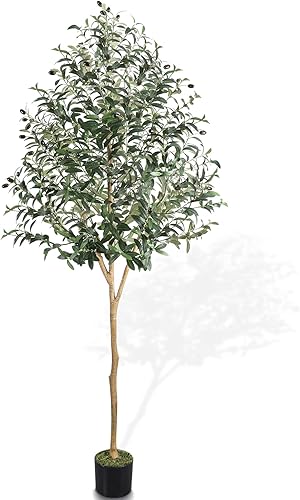 Panlaolao Árbol de olivo artificial alto falso en maceta de seda natural con maceta, grandes ramas de olivo sintético, frutos, árbol artificial para