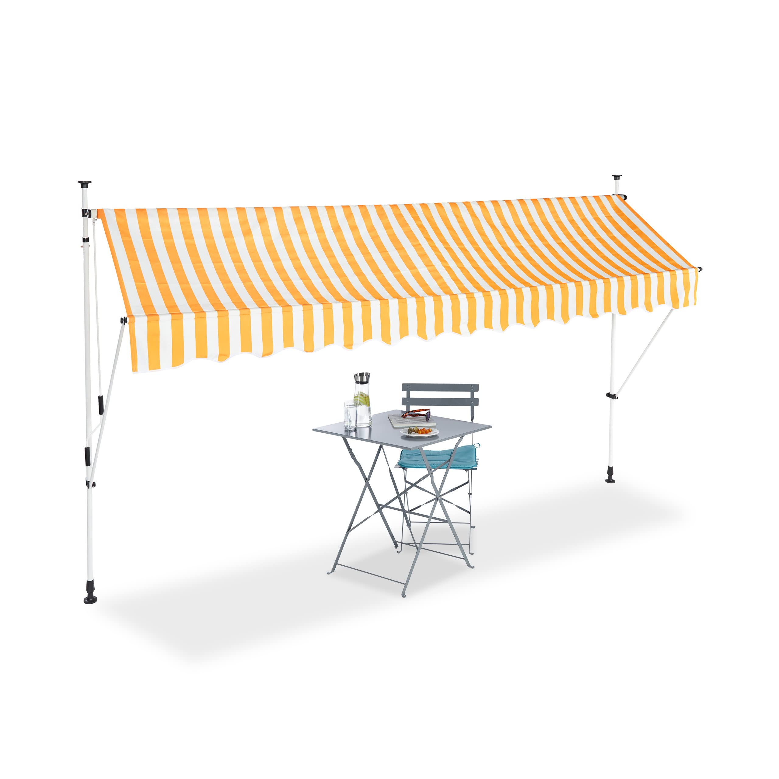 Relaxdays Auvent rétractable 350 cm Store balcon marquise soleil terrasse hauteur réglable sans perçage, jaune-blanc