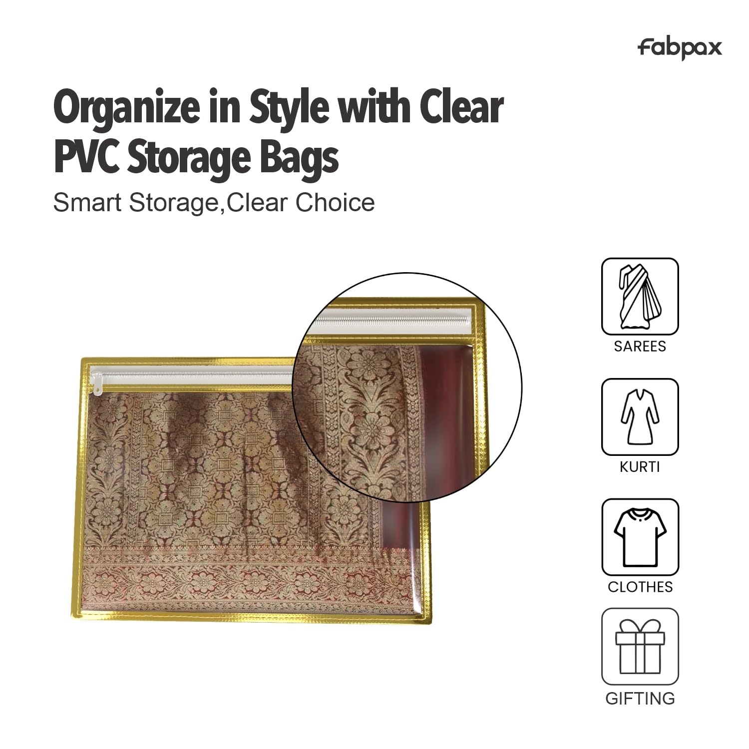 FabPax Saree Cover Set of 10 - Transparent Single Saree Bags with Zip, Dustproof Non-Woven Wardrobe Organizer for Silk, Designer, Wedding Sarees, Lehenga, Blouse, Suit (36x42 cm, Golden) 4