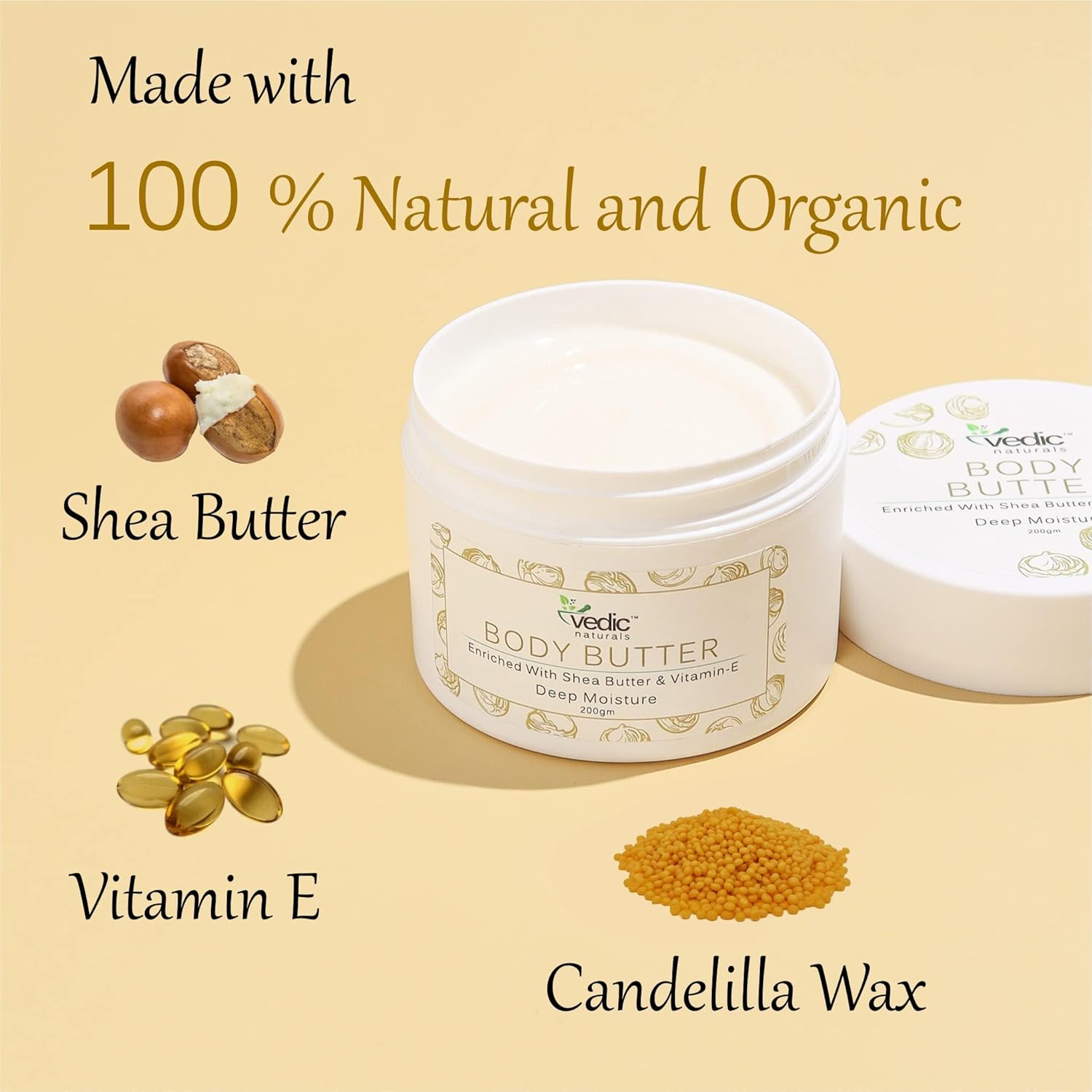 Body Butter Enriched With Shea Butter & Vitamin-E - 200gm | Deep Moisturizing For Dry Skin & All Day Moisture Lock | For All Skin Types & Healing Stretch Marks | 100% Organic